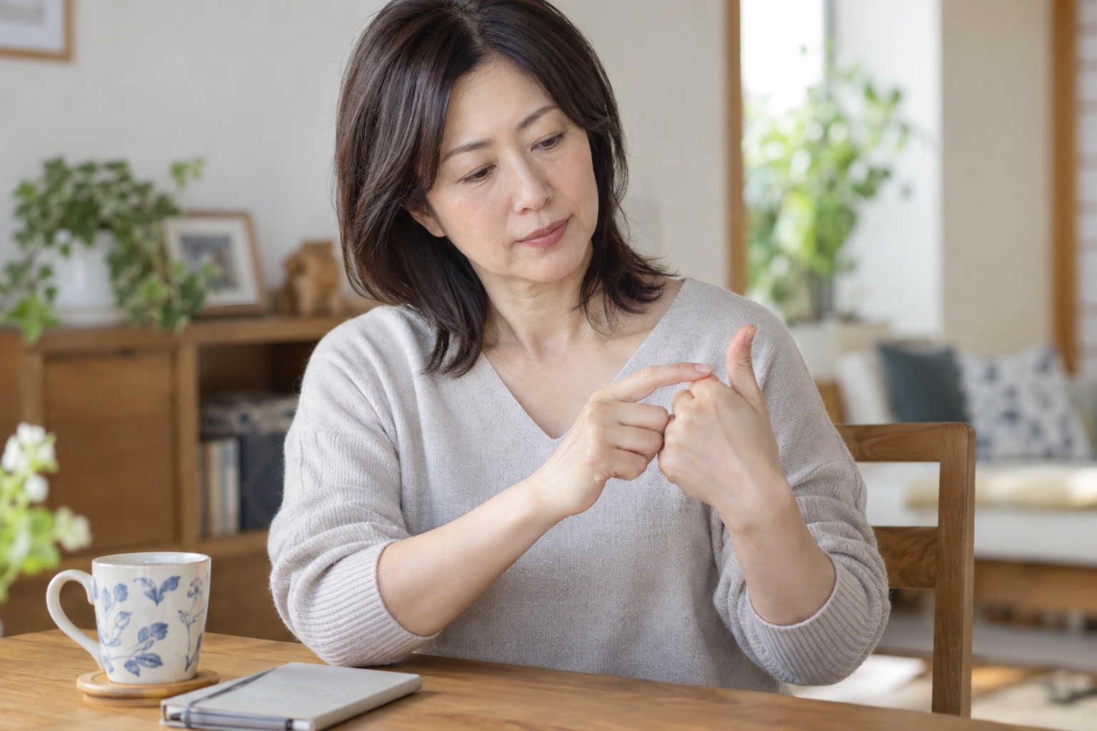 親指の第一関節付近を反対の指でそっと示す女性