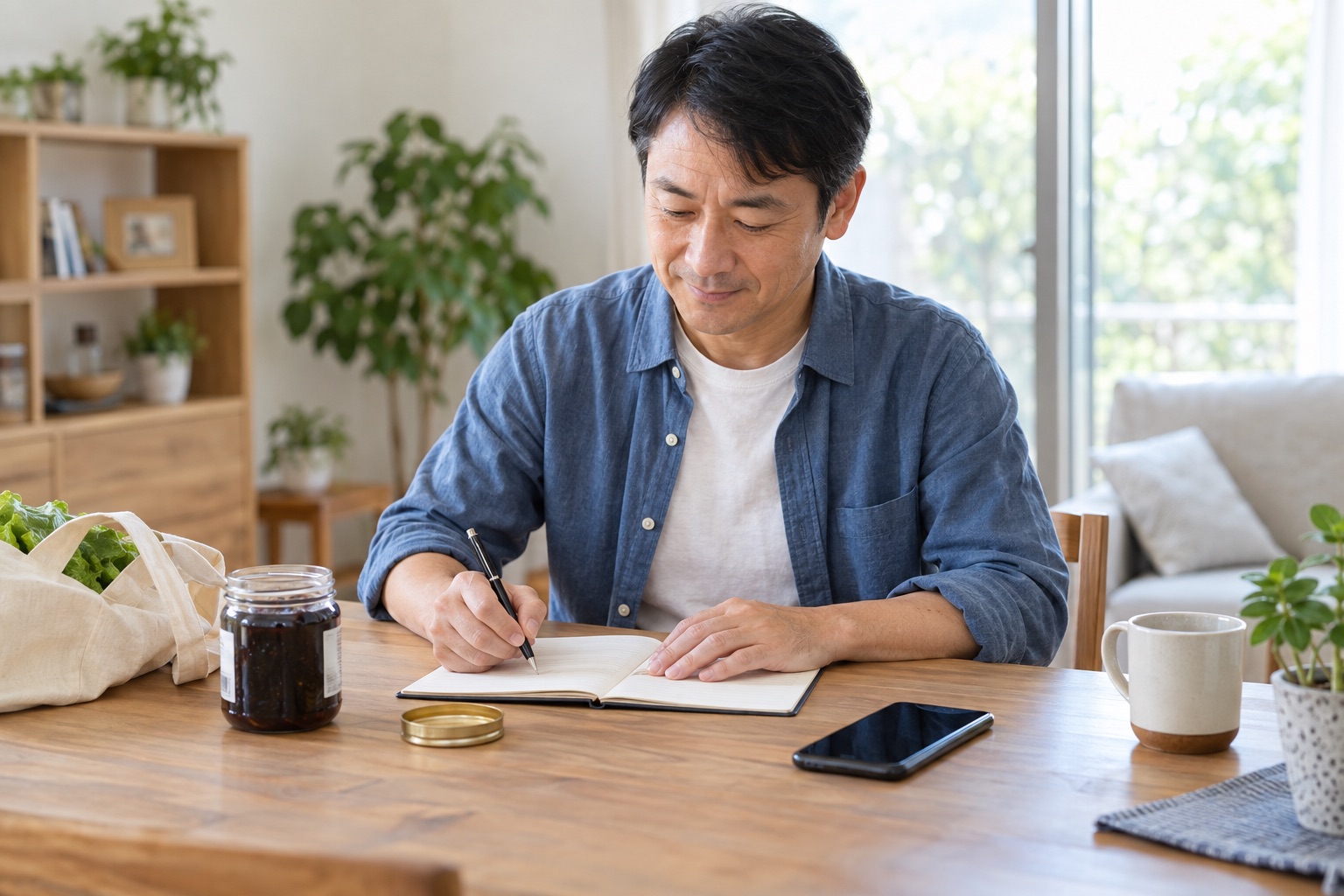 親指へ負担がかかる動作と痛みの変化をノートに記録する男性