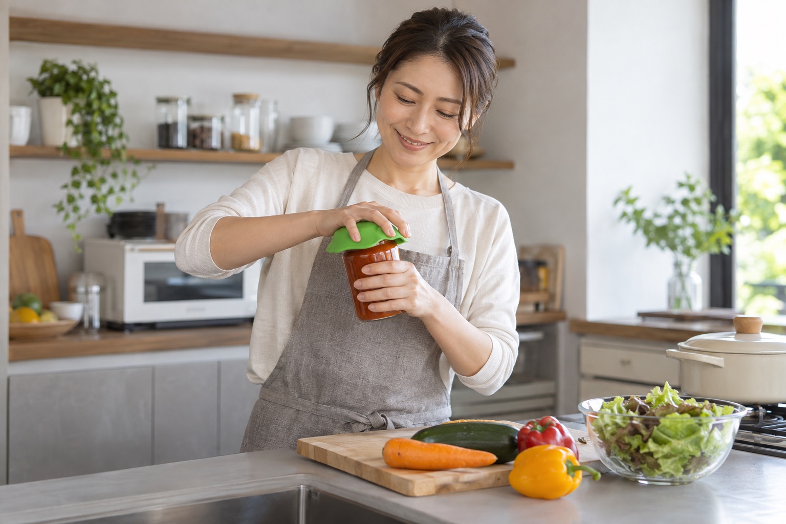 滑り止めを使って親指の負担を減らしながら瓶を開ける女性