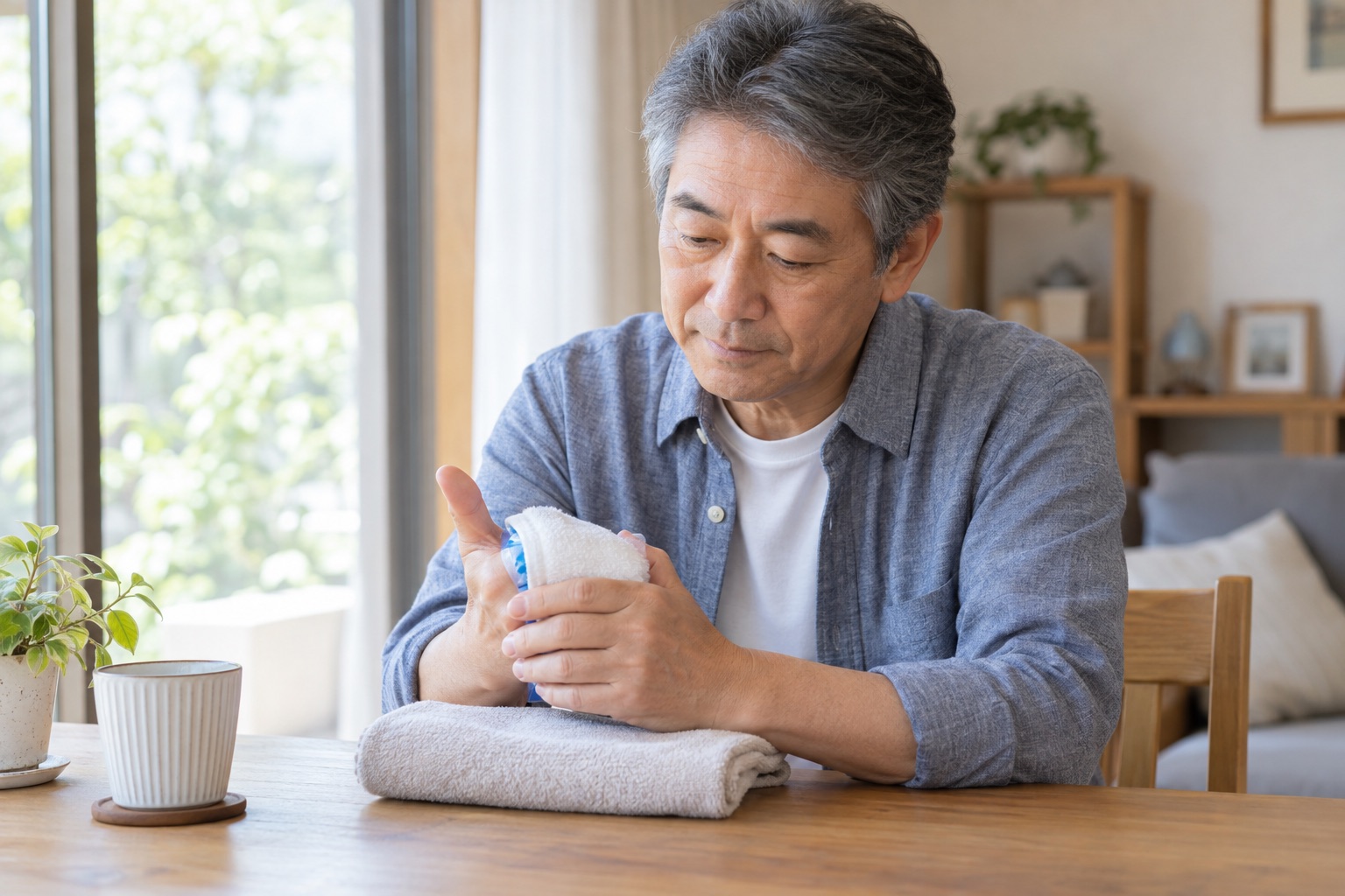 タオル越しの保冷剤で親指を短時間冷やして休む男性