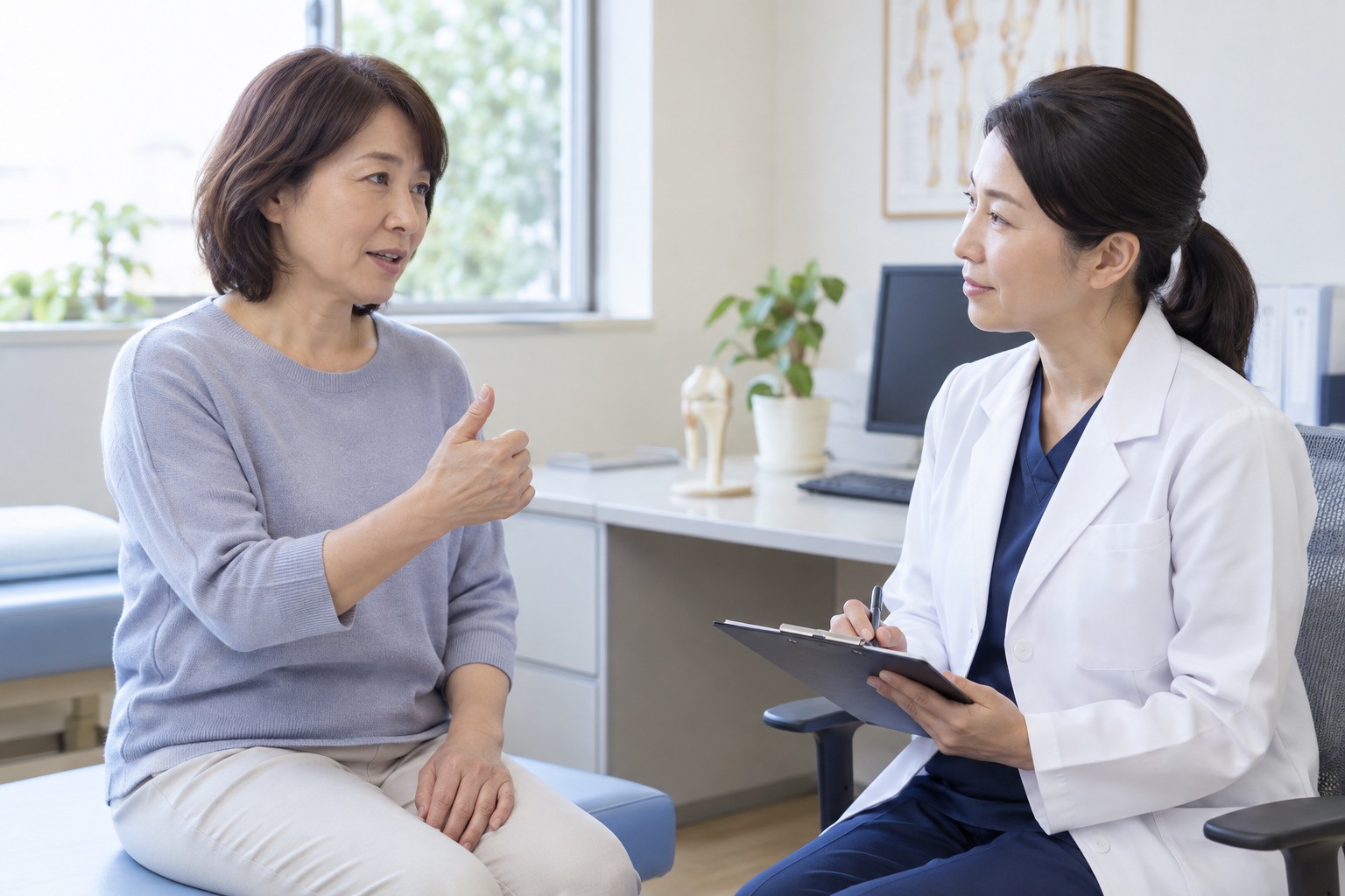 親指の痛みと生活動作について整形外科医へ相談する女性