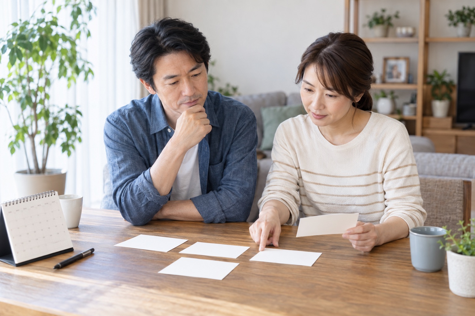 親指の痛みについて五つの質問を家族と整理する男女