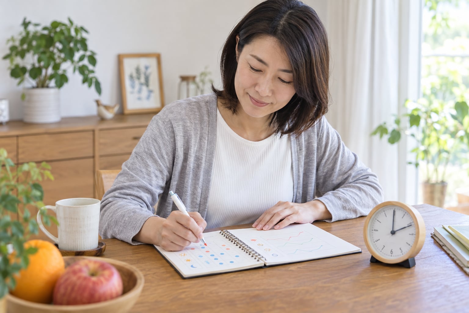 朝昼夕の体調変化をノートに記録する女性