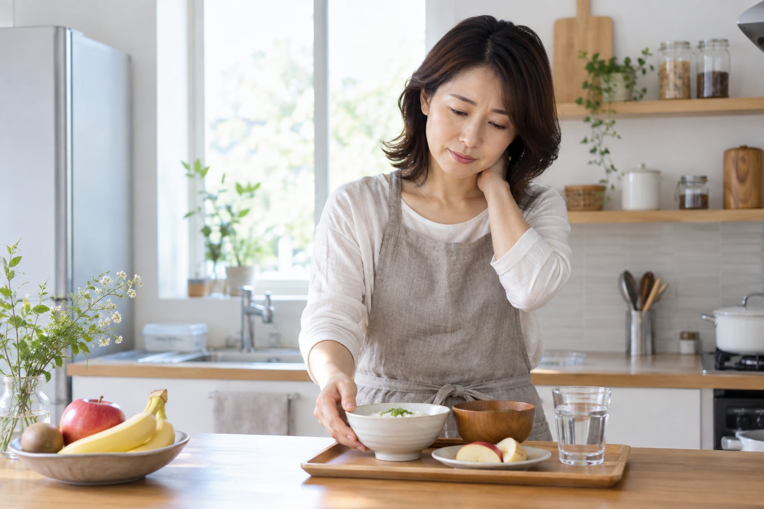 体調に合わせて軽い朝食と水分を用意する女性