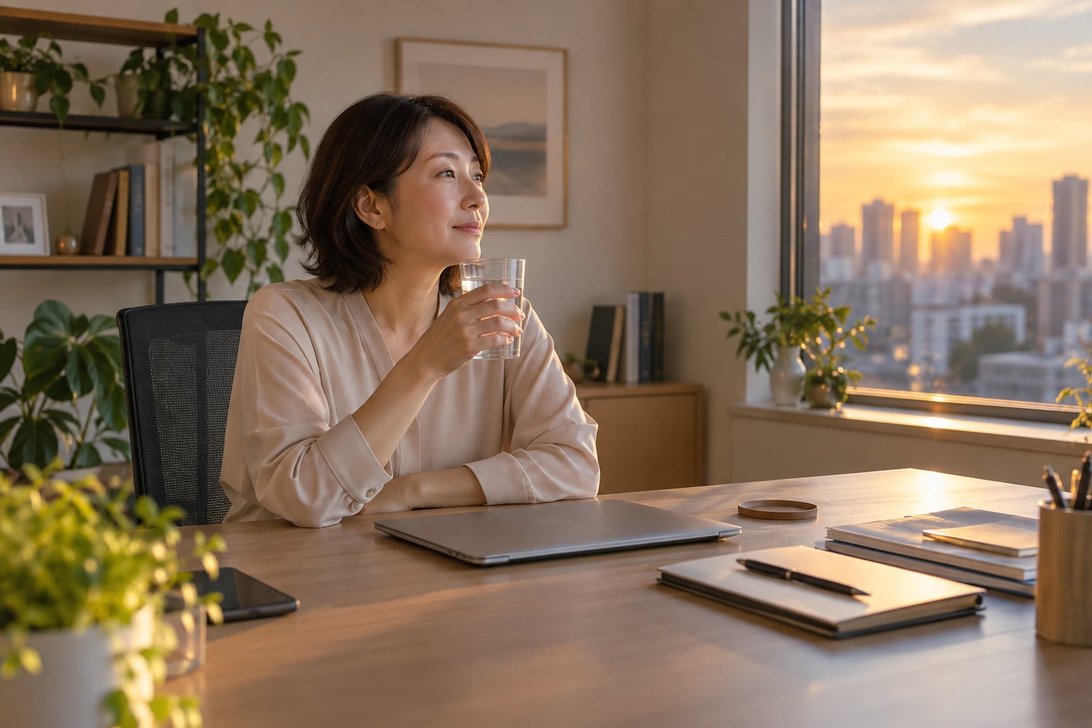 夕方の疲労が強くなる前に仕事の手を止めて休む女性