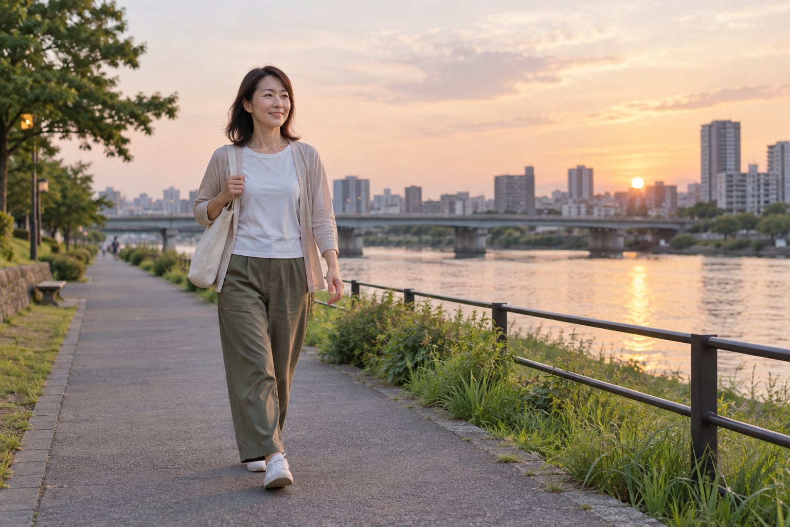 夕方に平坦な道を無理のない速さで歩く女性