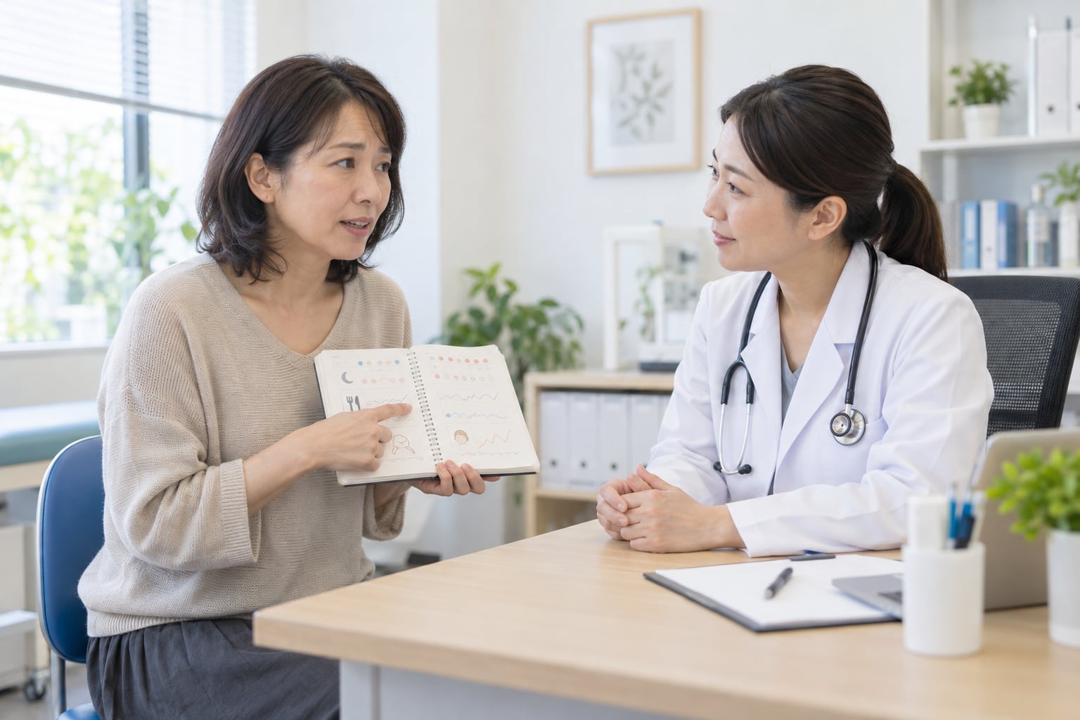 体調の波を記録したノートを医師へ見せて相談する女性