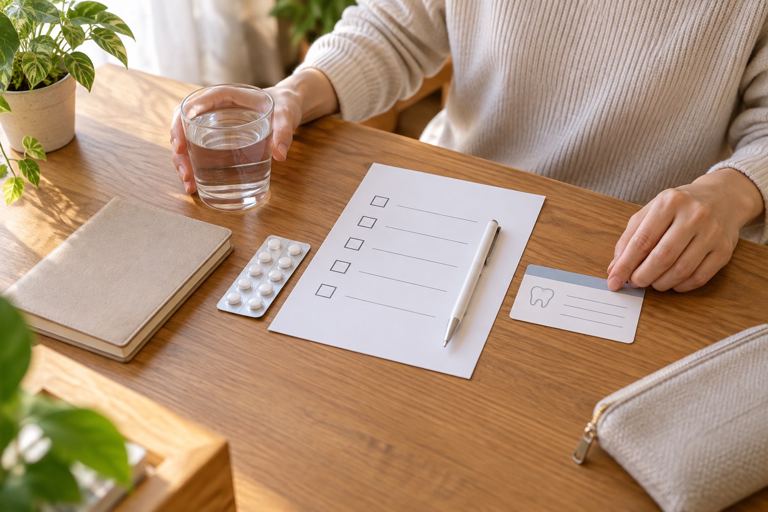 薬のシートと水をそばに置き相談用の確認表を見直す手元
