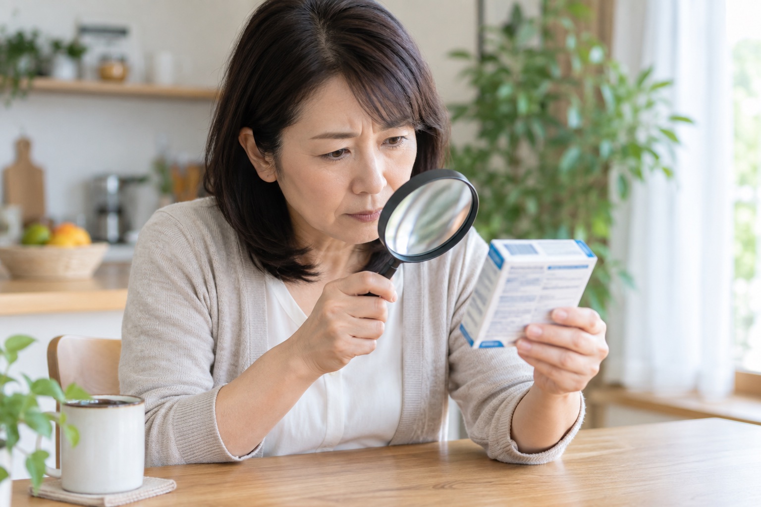 市販薬の成分と注意事項を拡大して確認する女性