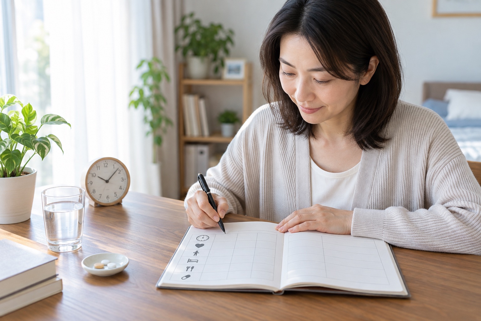 動悸やめまいと服薬時刻を体調日誌に記録する女性