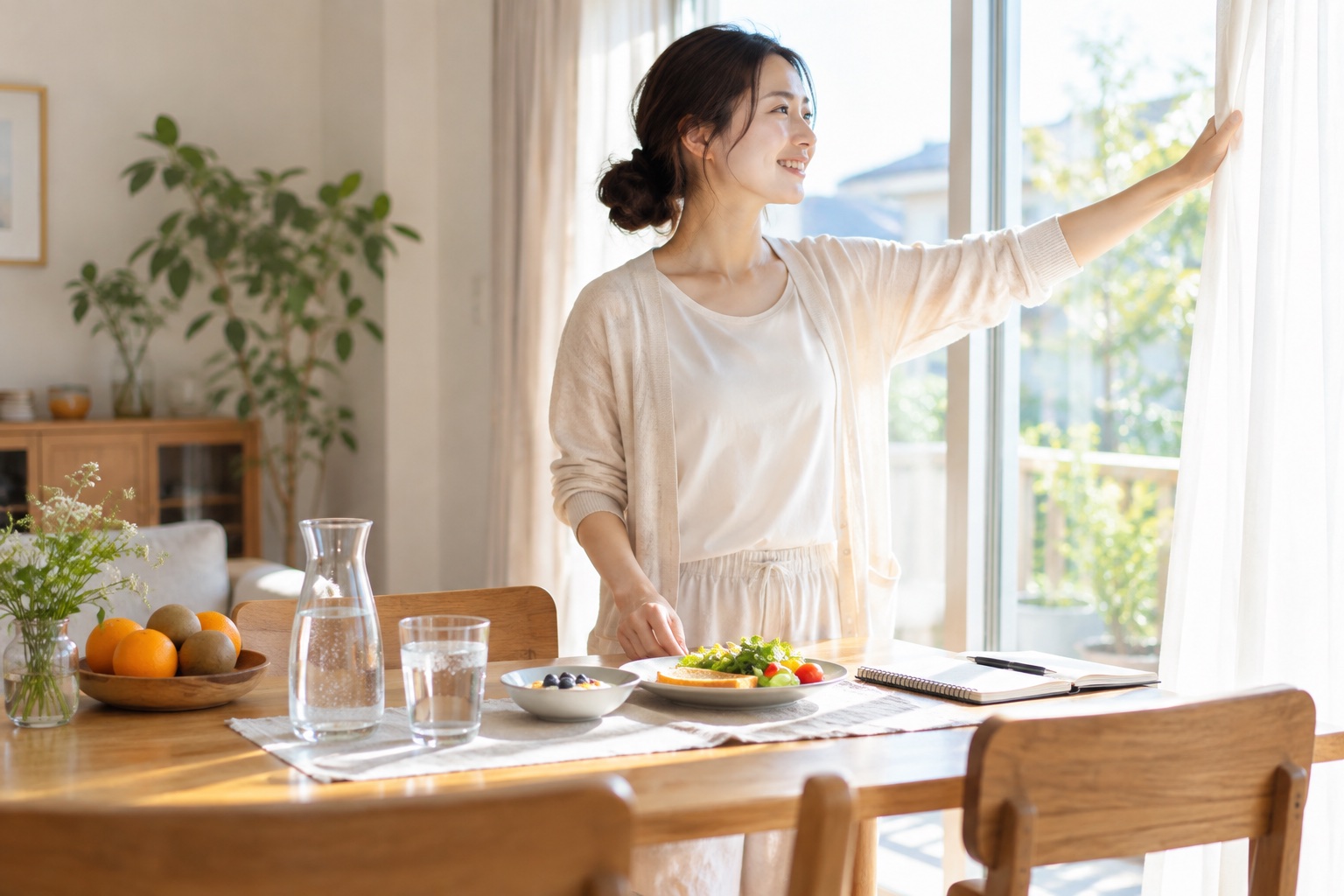 朝の光を取り入れて食事と水分を整える女性