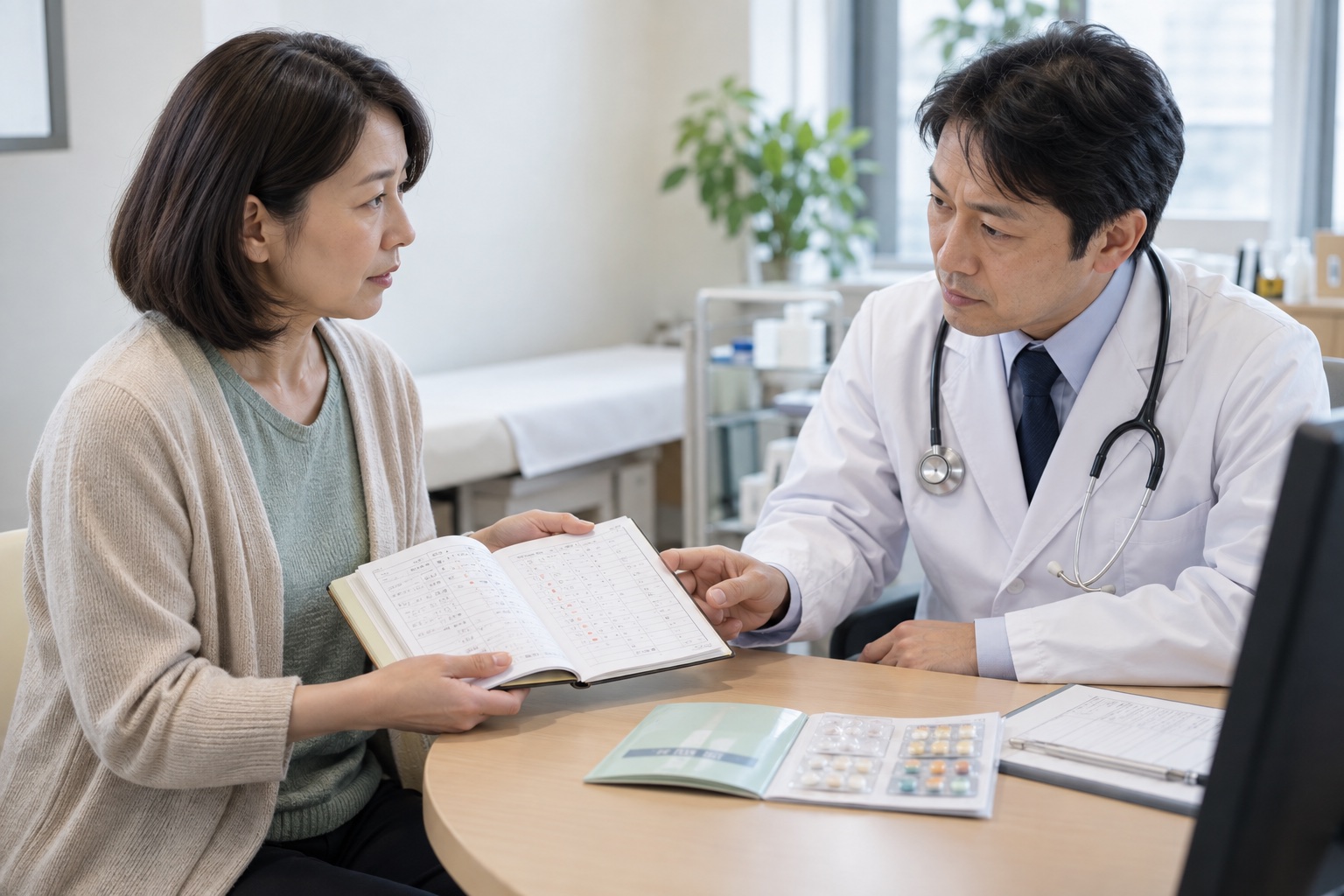 症状日誌とお薬手帳を医師へ見せて相談する女性