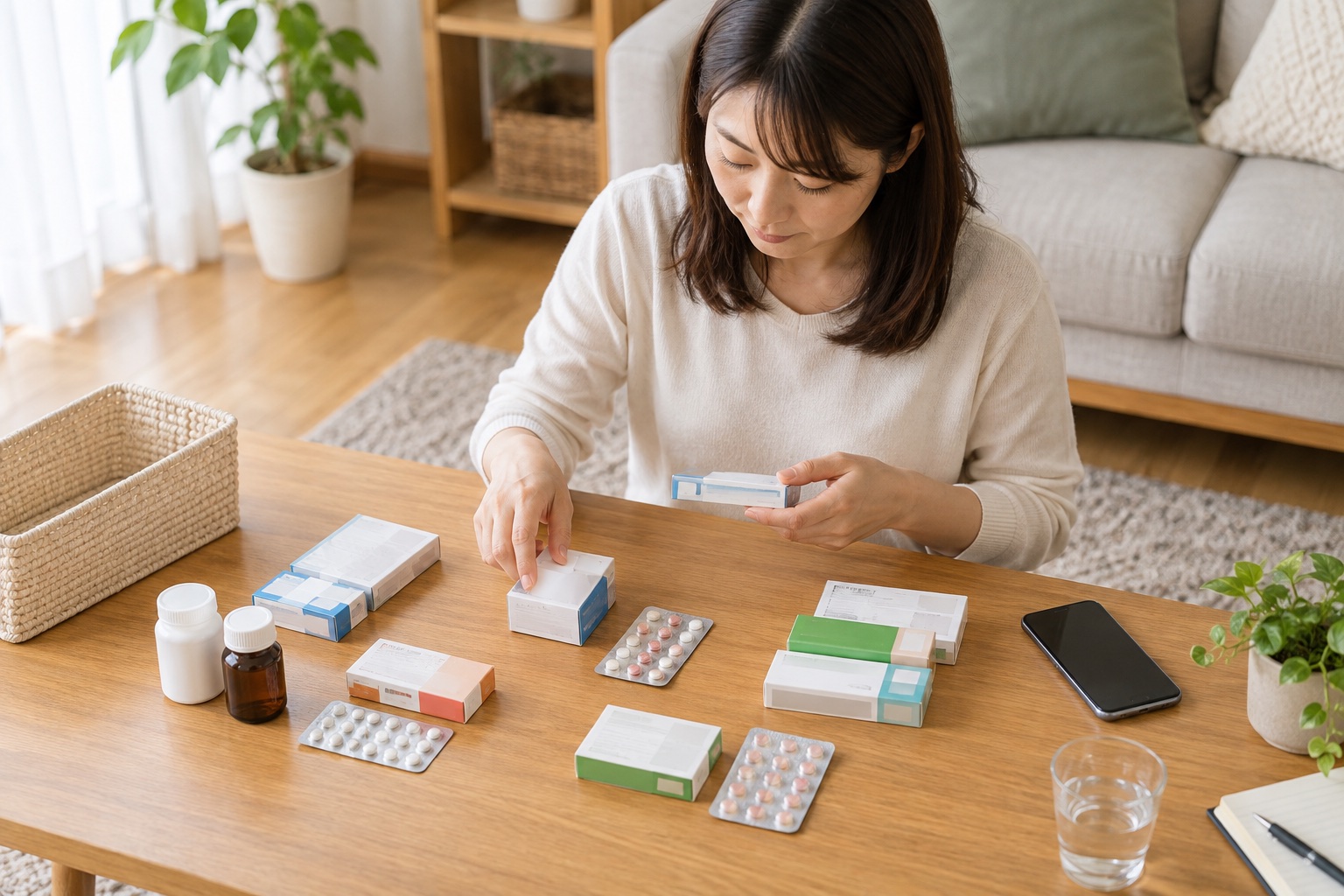 複数の市販薬を重ねてよいか確認するため整理する女性