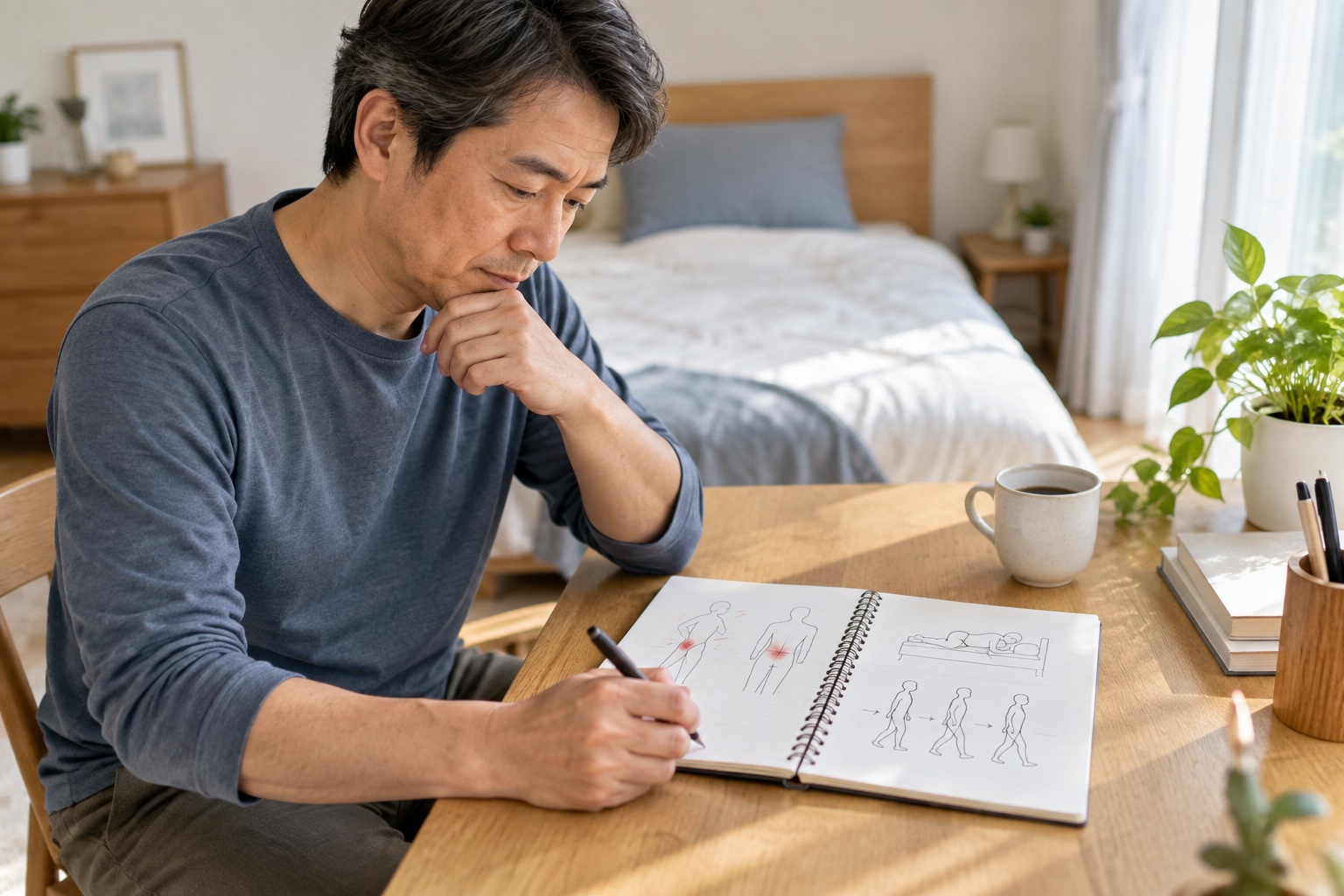 朝の腰や股関節の違和感と寝姿勢を記録する男性