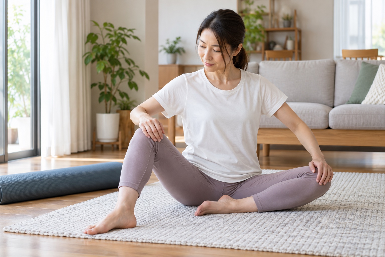 床に座って股関節の左右差を無理なく確かめる女性