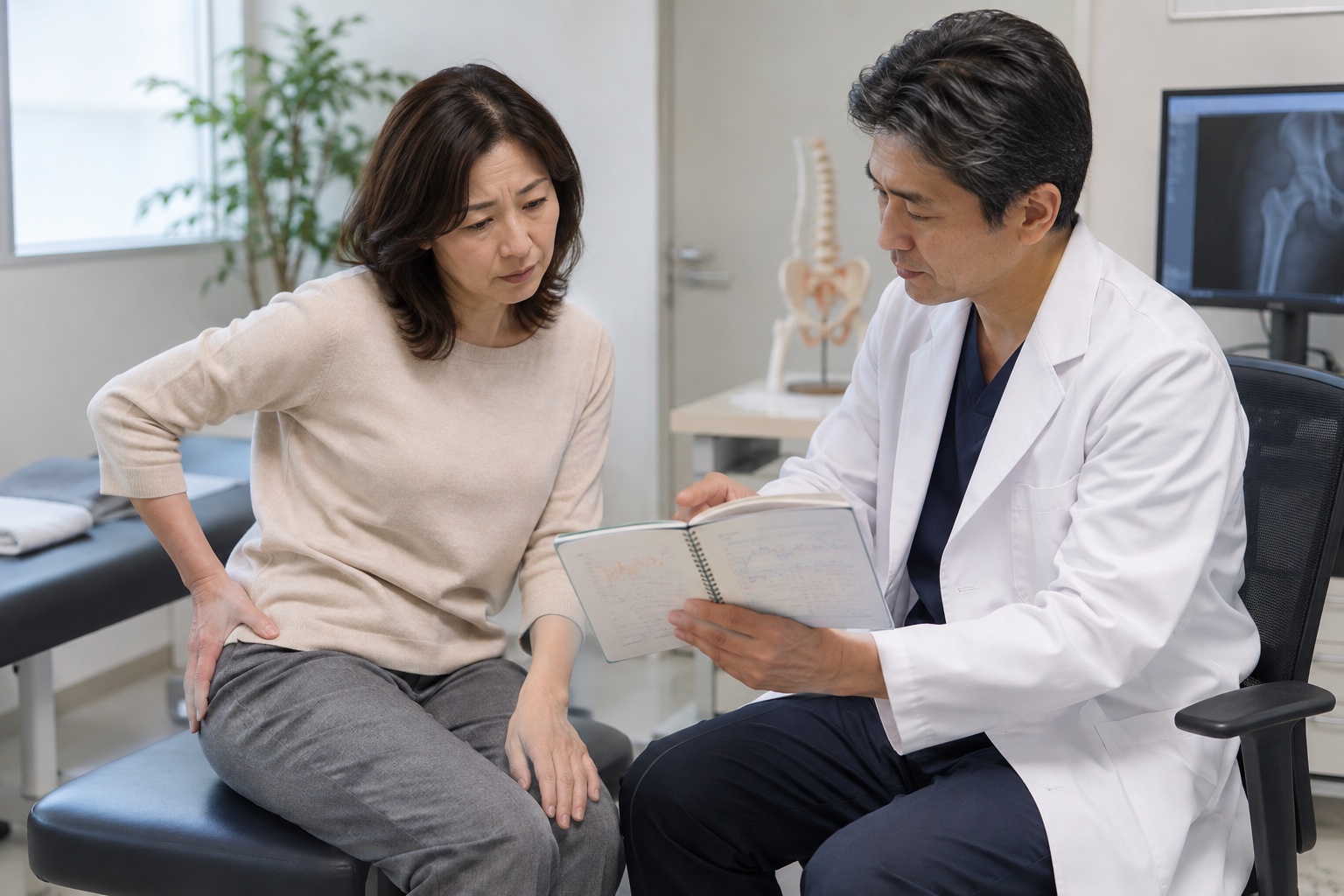 腰と股関節の症状日誌を整形外科医へ見せる女性