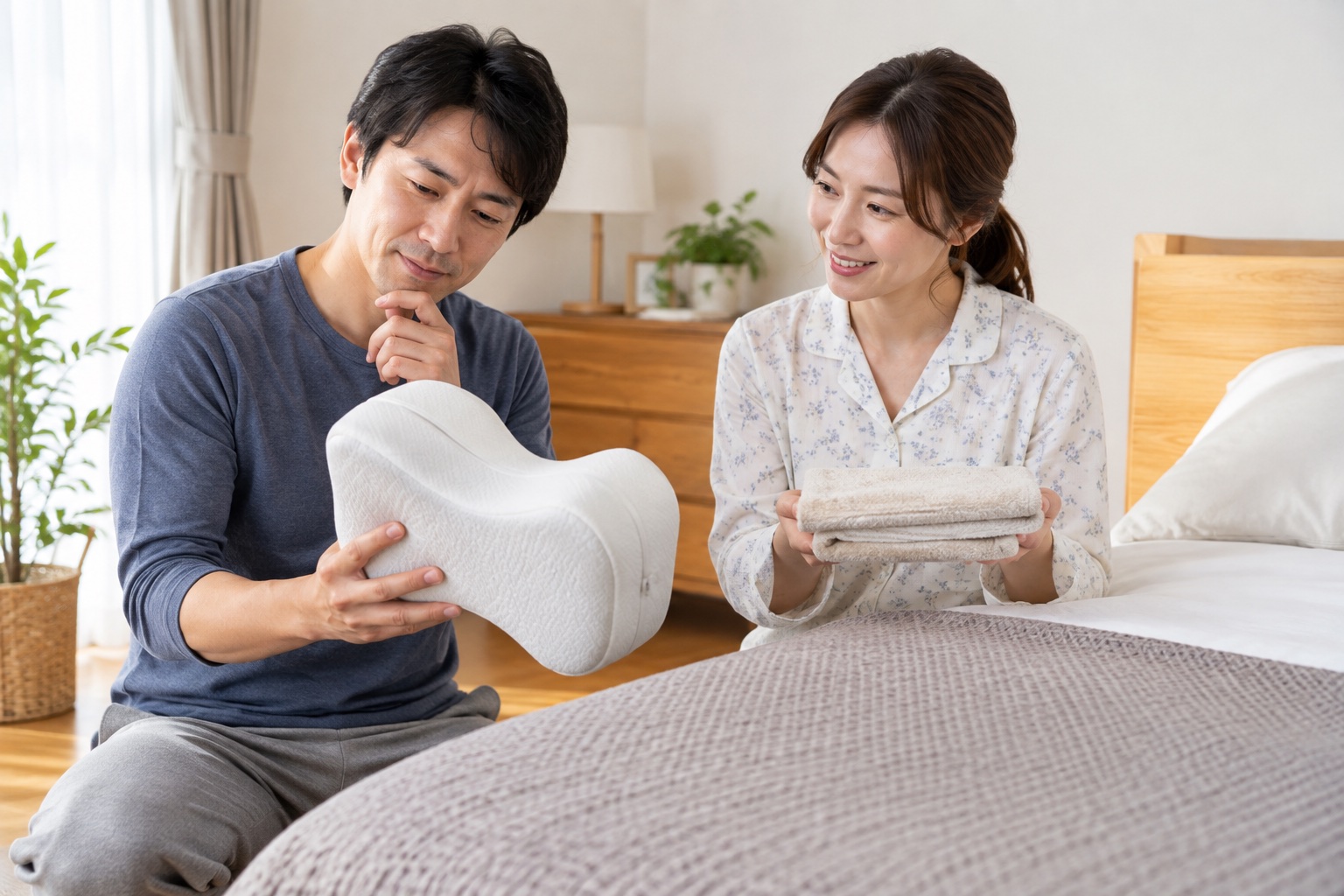膝枕と折ったタオルを比べて寝姿勢を相談する夫婦