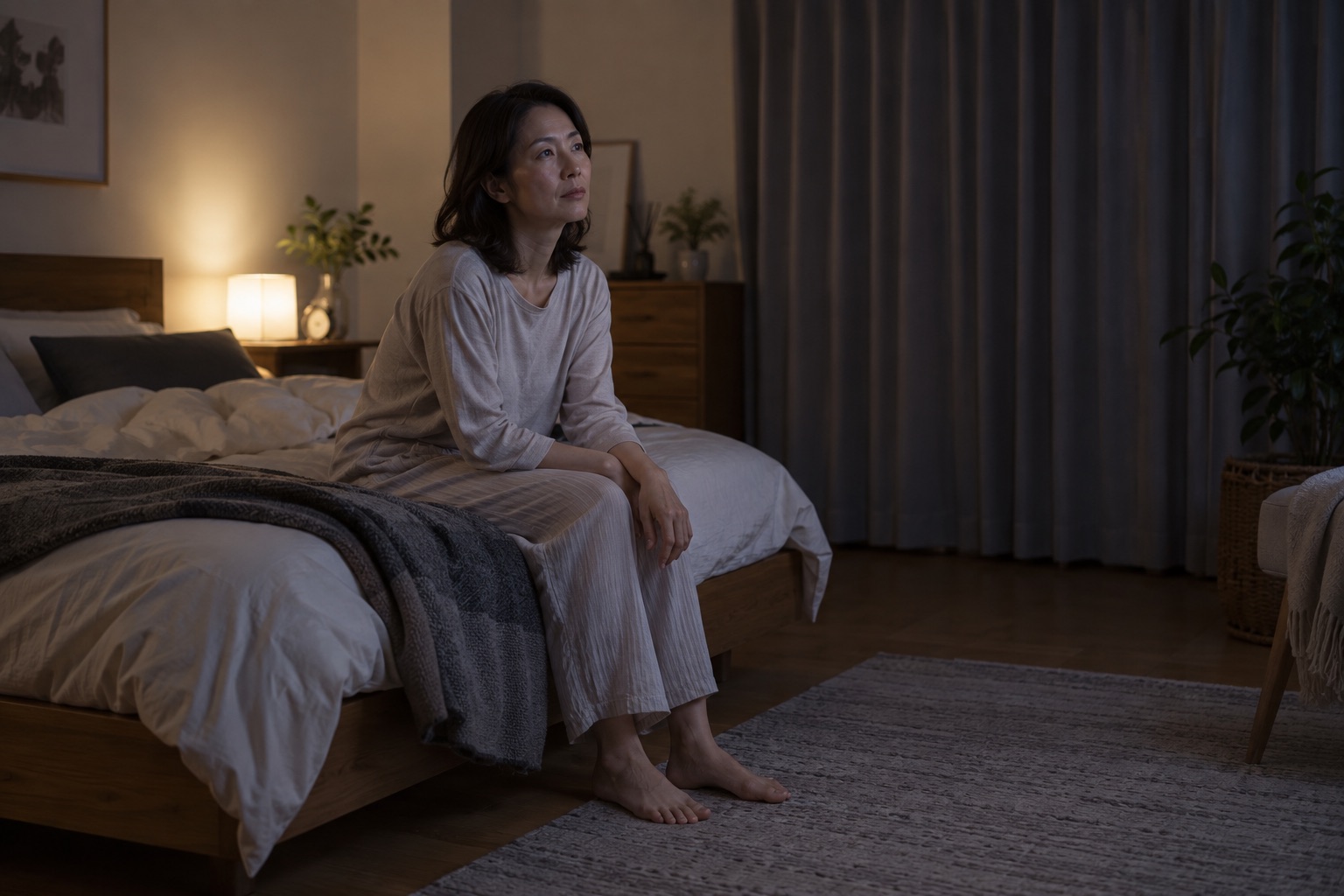 夜中に目が覚めてベッドに腰掛け落ち着いて過ごす女性