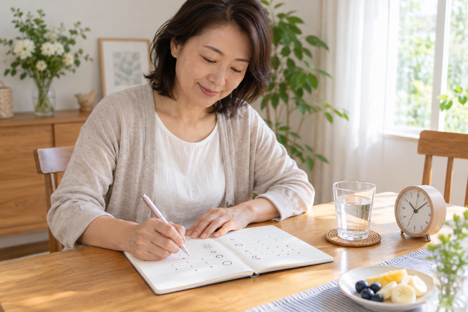 中途覚醒の時刻と朝の体調を睡眠日誌に記録する女性