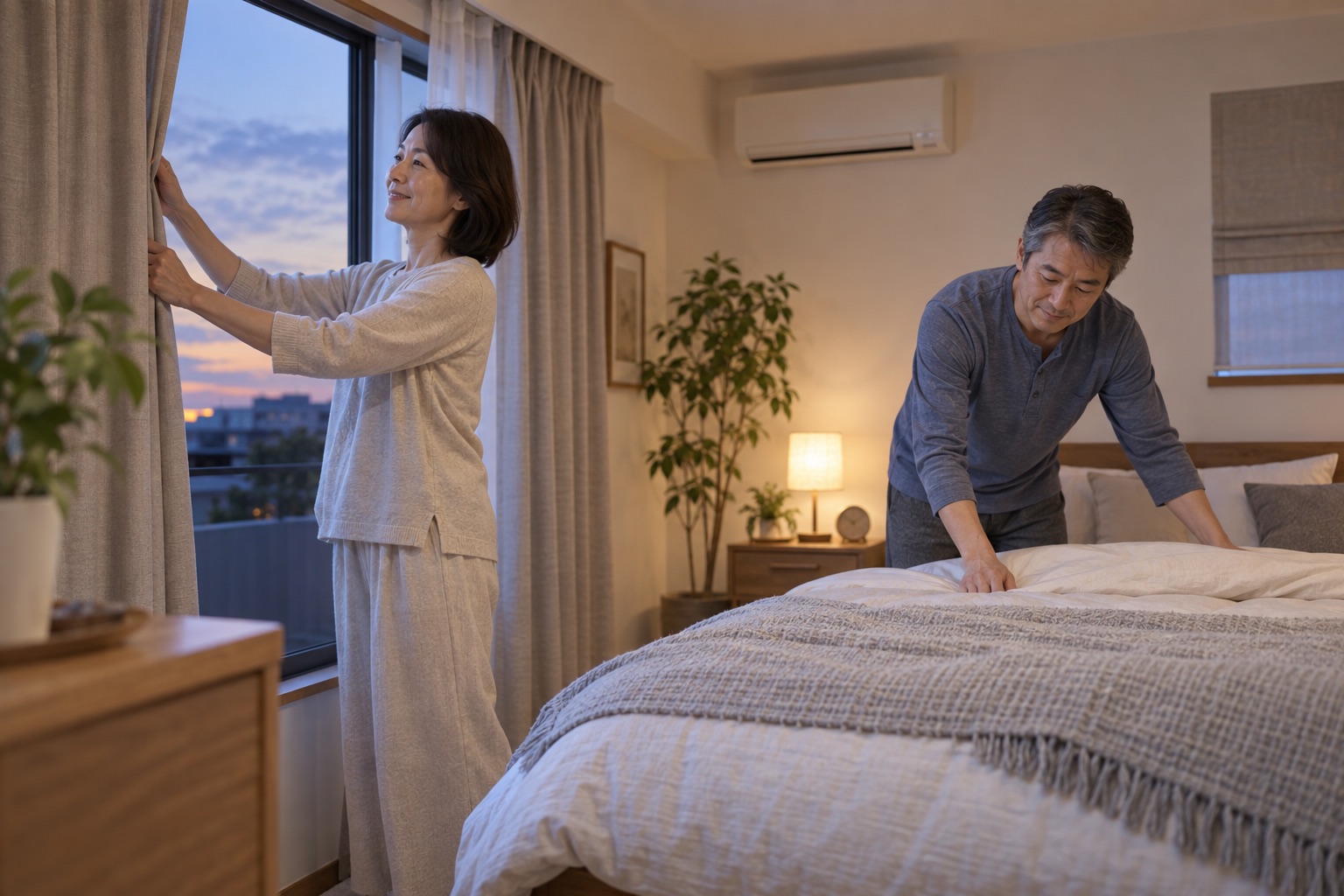 夫婦で寝室のカーテンと寝具を整える様子