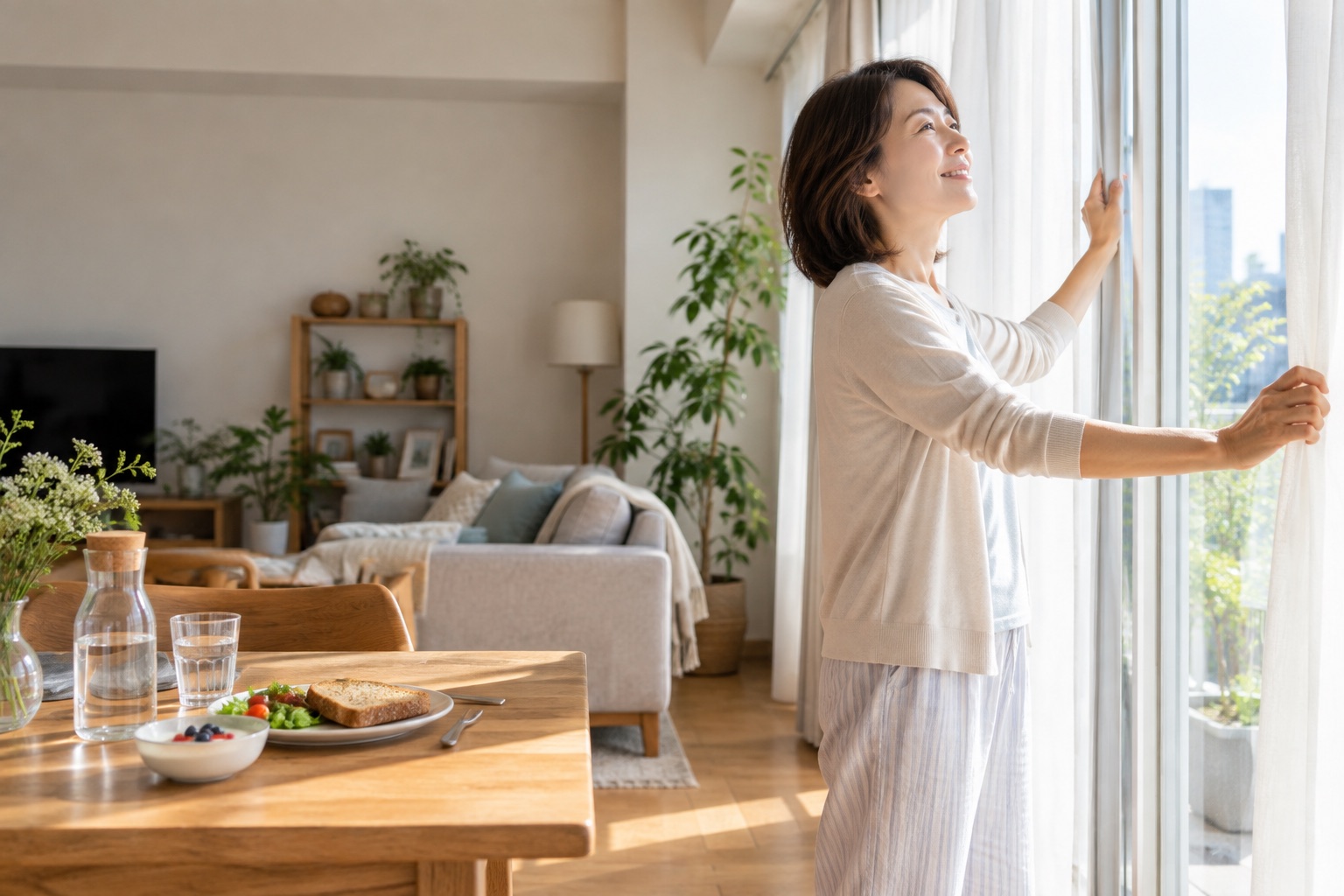 中途覚醒した翌朝に光と朝食と水分を整える女性