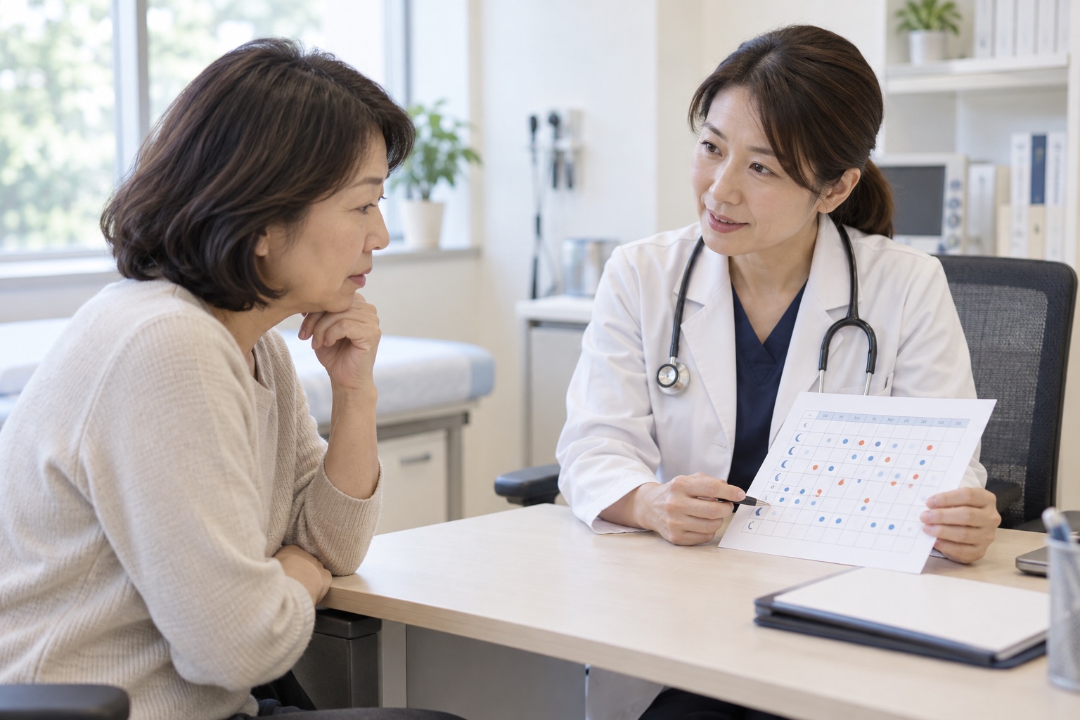 睡眠日誌を見ながら中途覚醒について医師へ相談する女性
