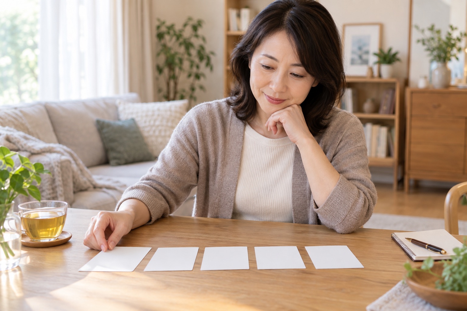 中途覚醒について五つの疑問をカードで整理する女性