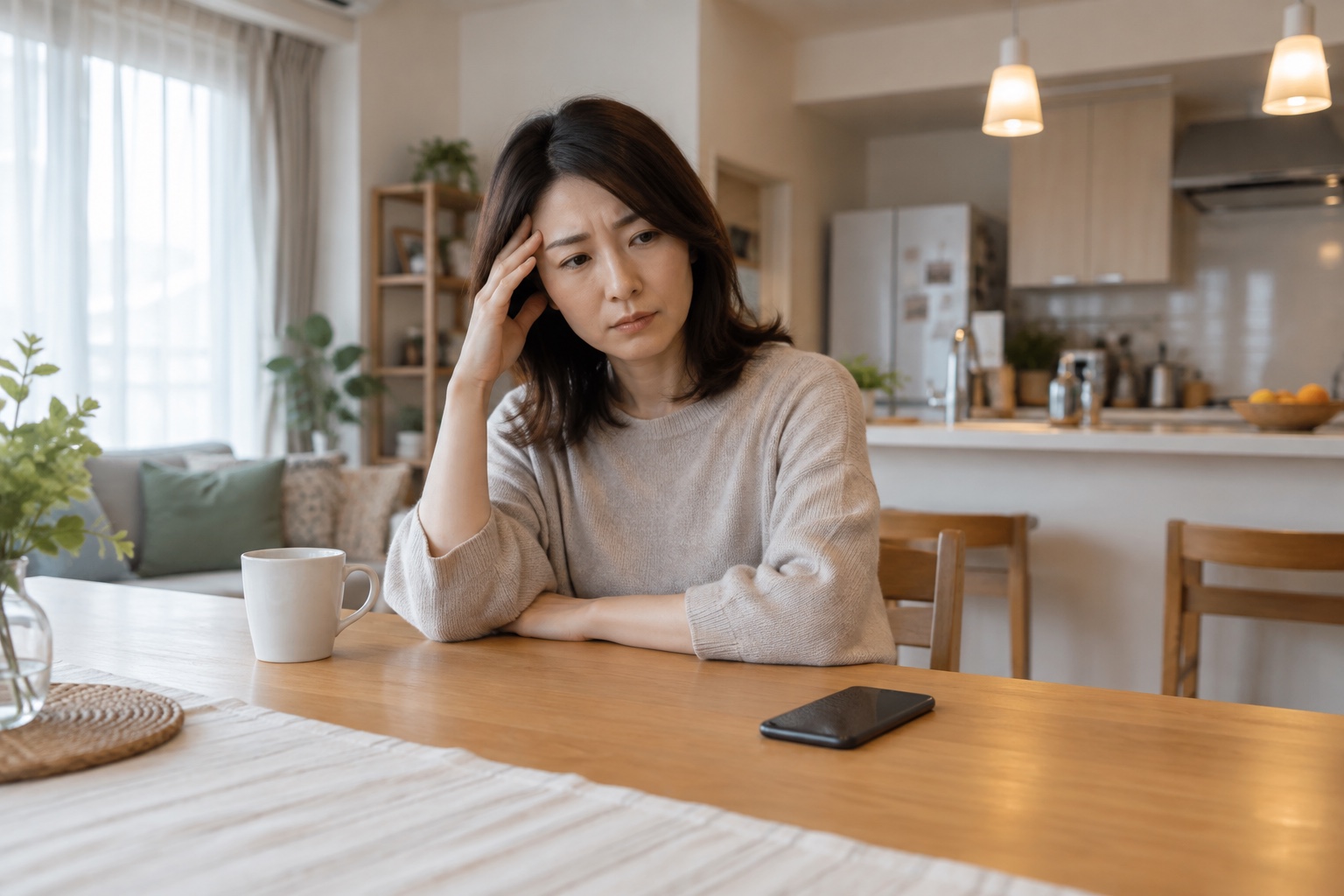 日常の光や生活音がつらく食卓で休む女性