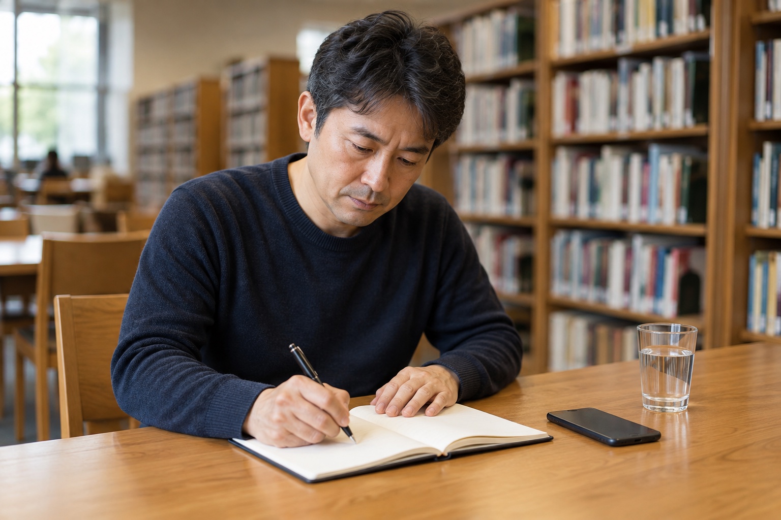 光や音がつらくなる時刻と状況を図書館で記録する男性