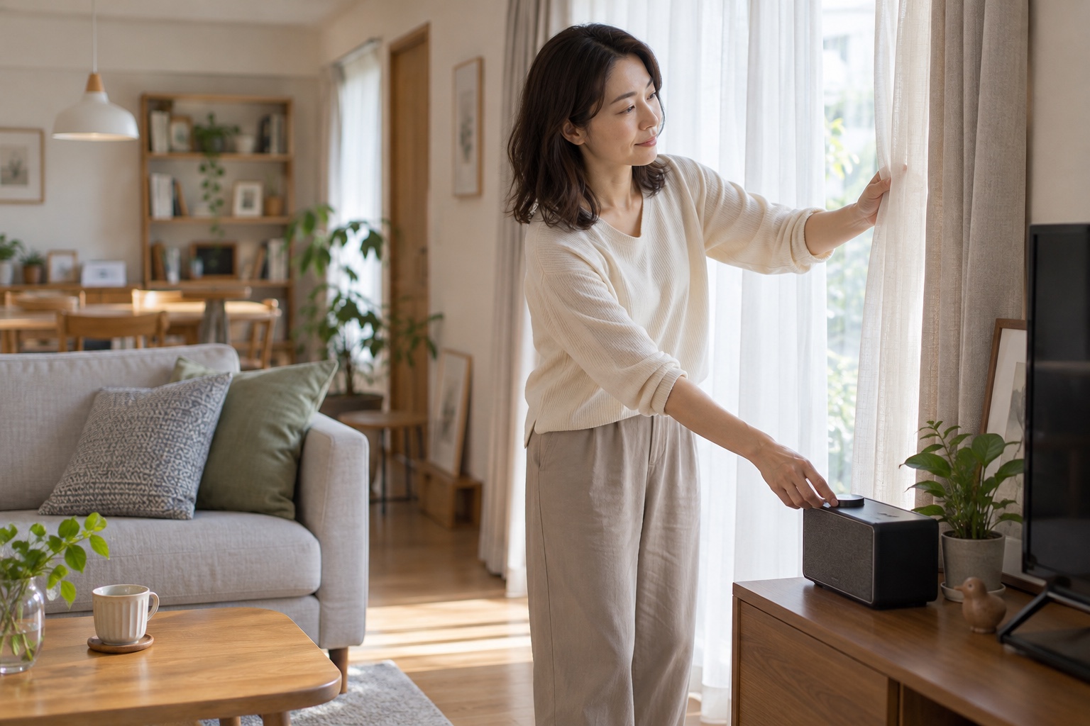 カーテンとスピーカーを調整して光と音を弱める女性