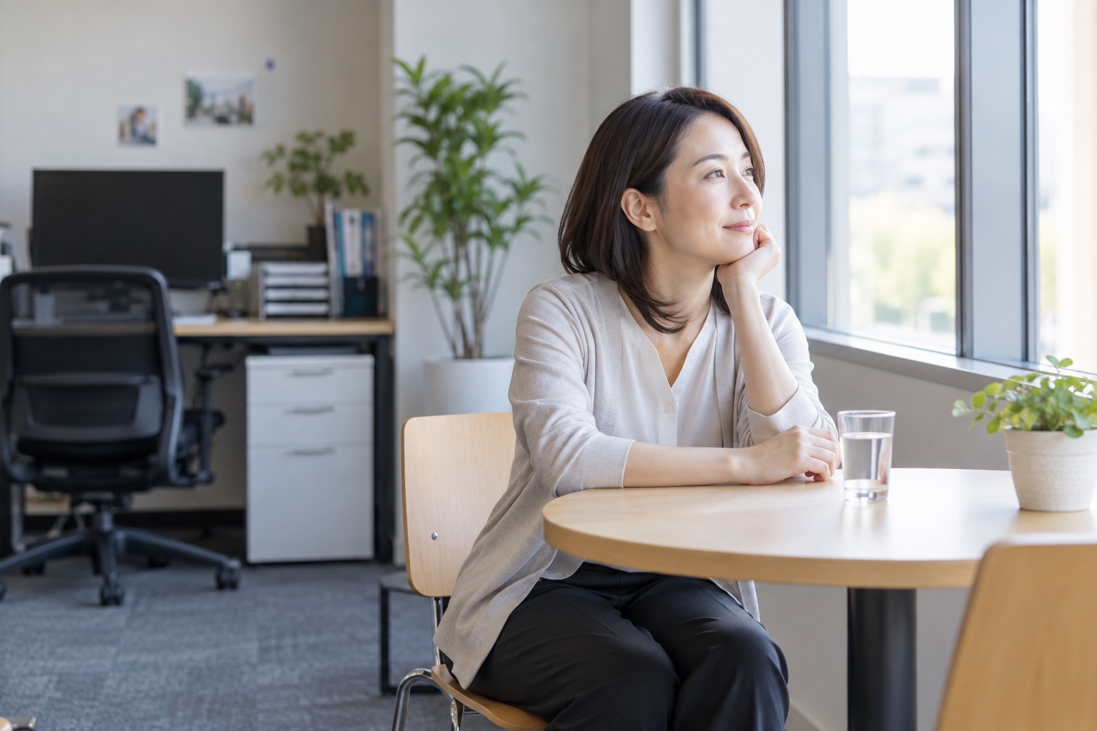仕事中に静かな場所へ移動して短く休憩する女性