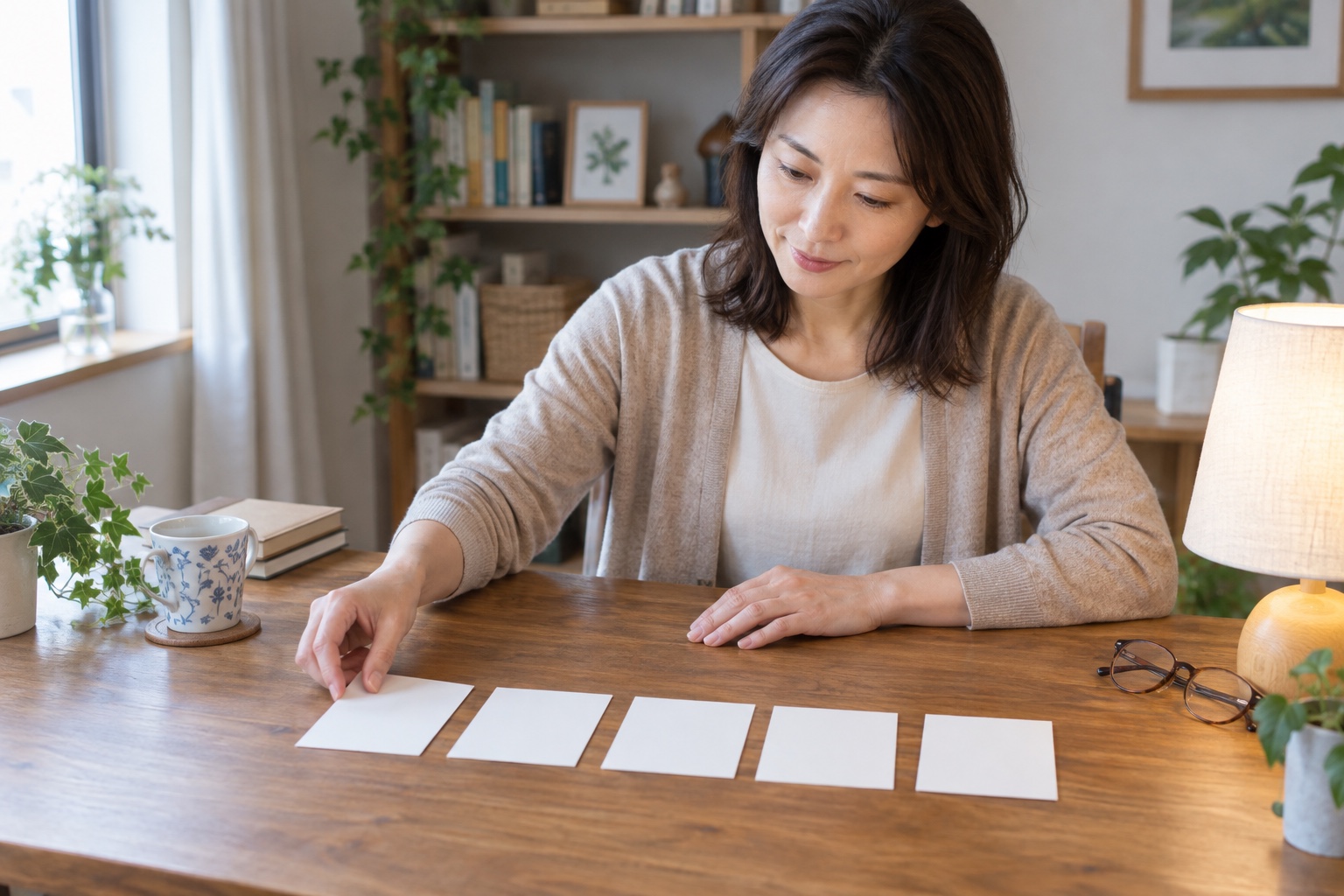 光や音のつらさに関する五つの疑問をカードで整理する女性