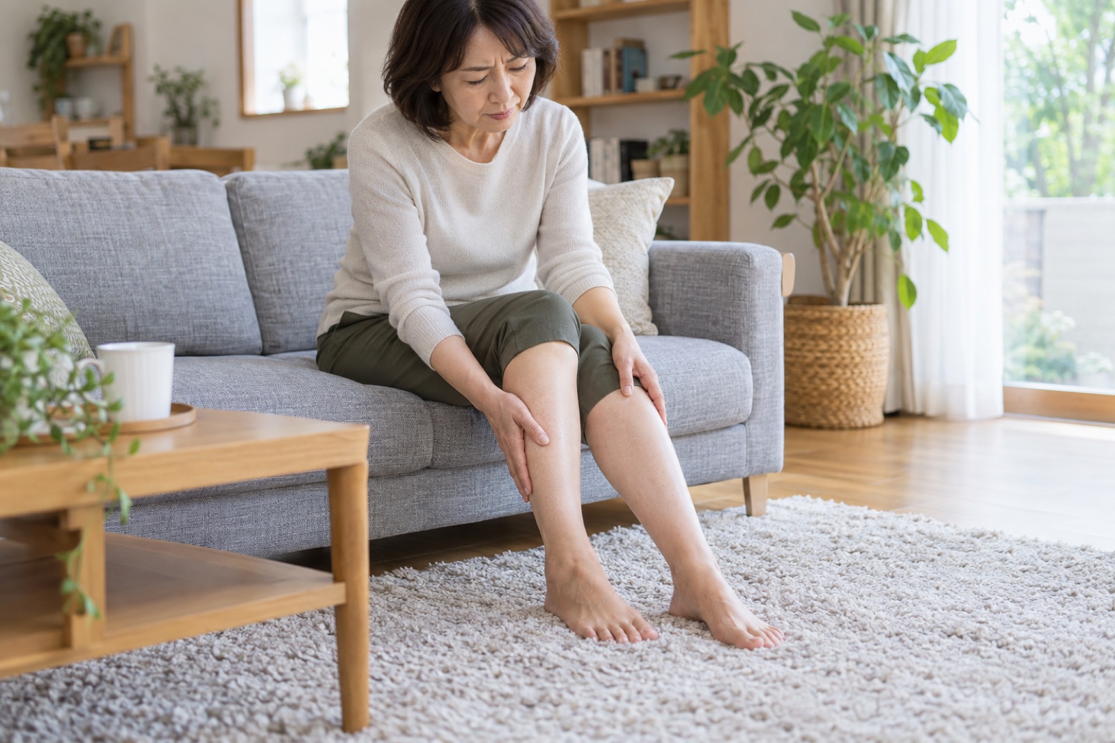 左右の脚を見比べながらすねと膝の痛む場所を確かめる女性