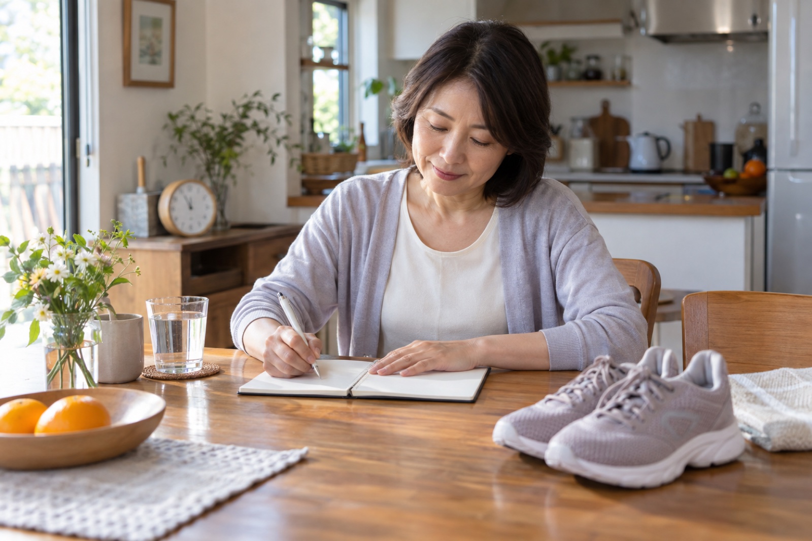 足の痛む時刻と歩行量をノートに記録する女性