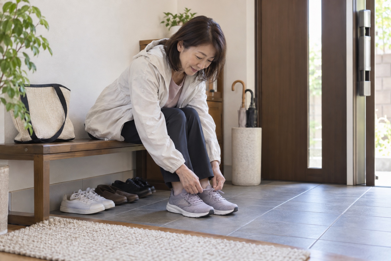 玄関で歩きやすい靴のひもを結ぶ50代女性