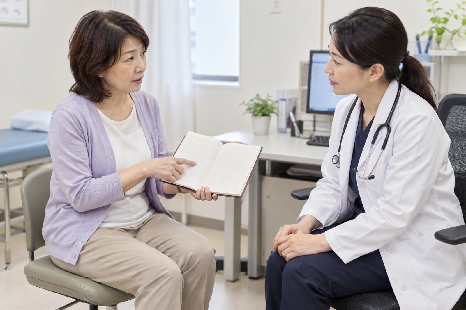 片脚の痛みの記録を医師に見せて相談する女性