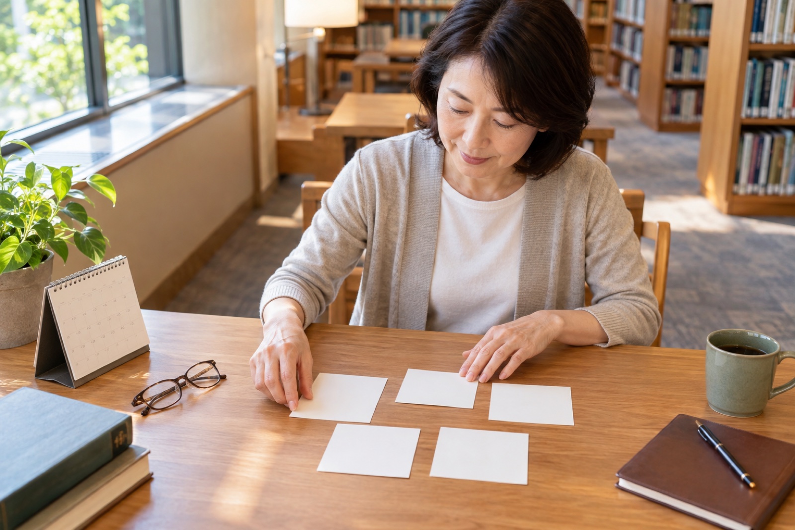 更年期の足の痛みに関する質問カードを整理する女性