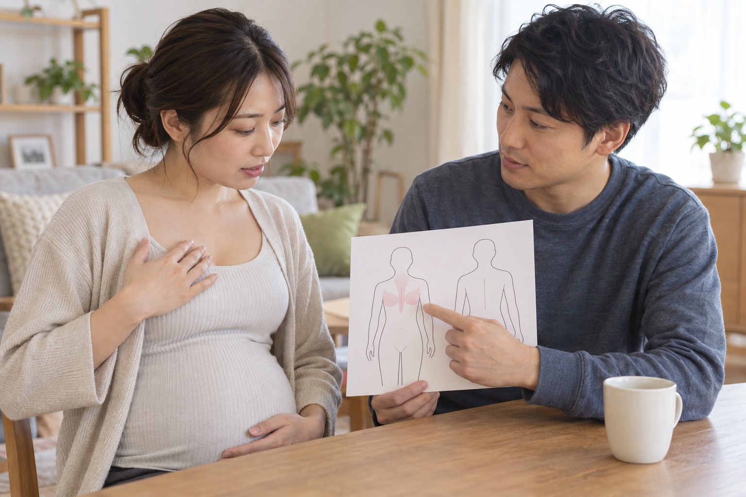 妊娠中の乳房の張りと胸の奥の痛みを夫婦で図に整理する様子