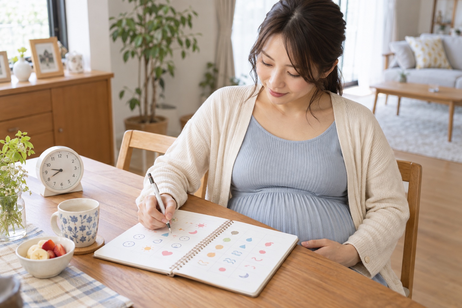 妊娠中の胸の痛みが出る時刻と動作をノートに記録する女性