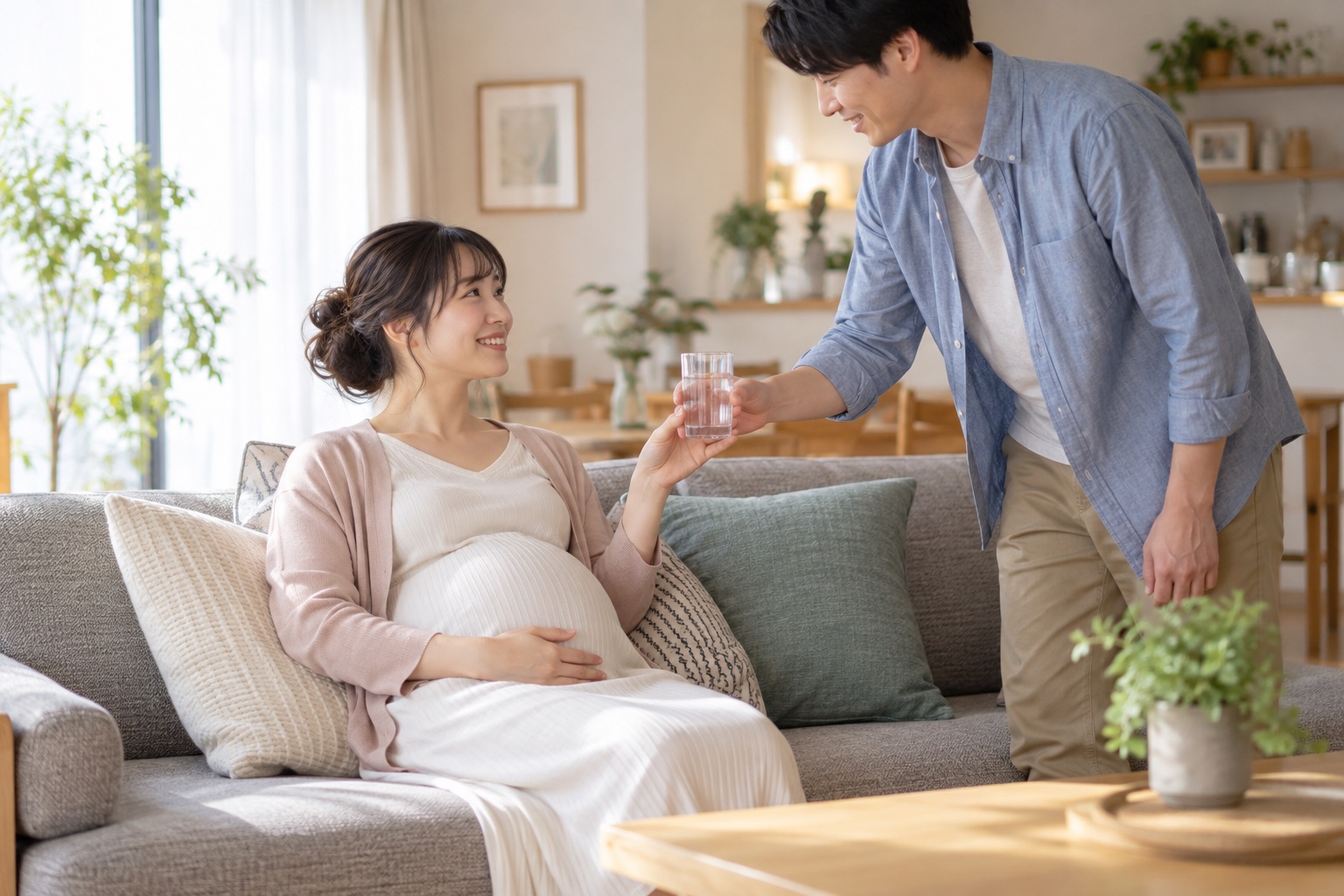 妊娠中の胸苦しさを避けて上体を起こし水分を取る女性