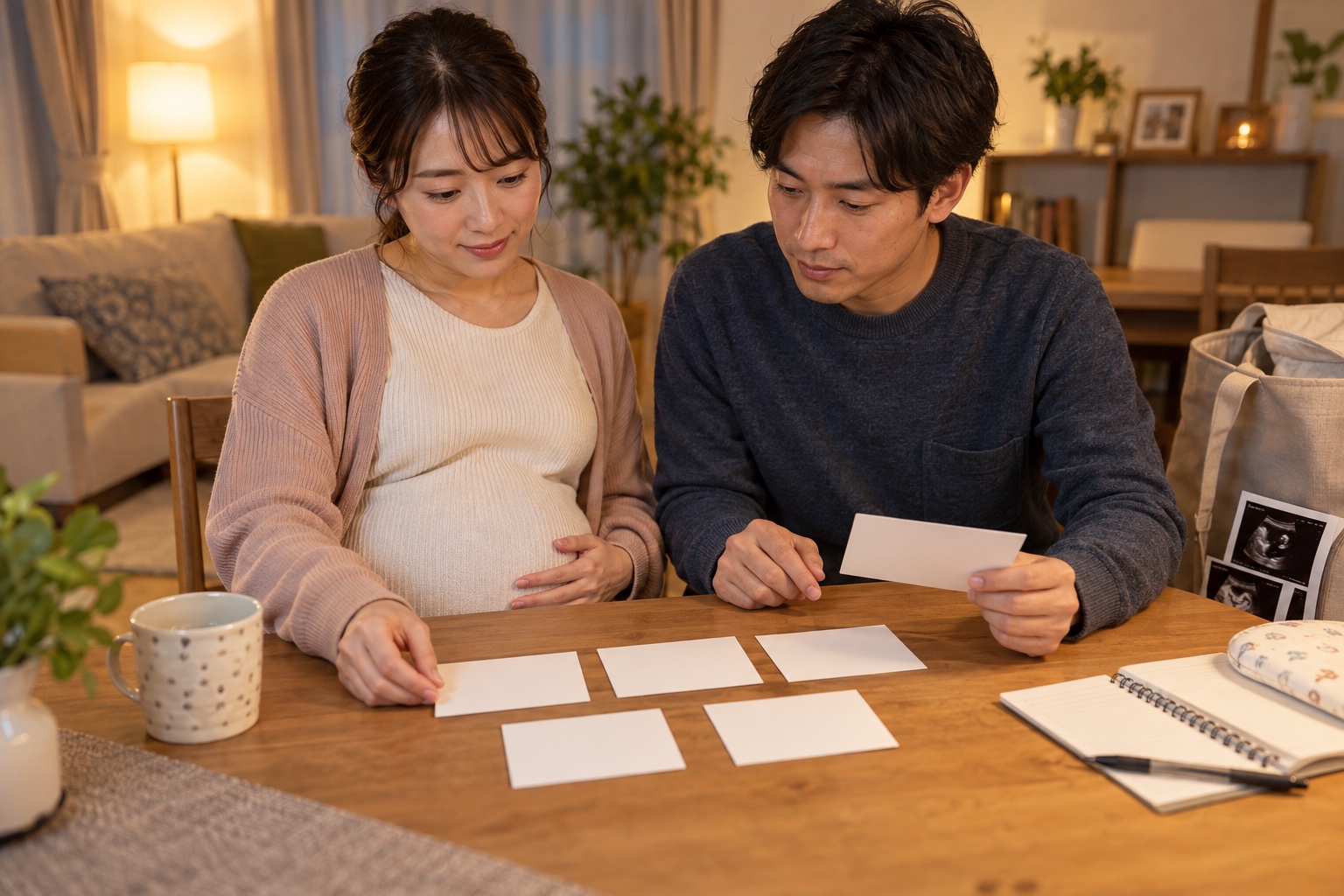 妊娠中の胸の痛みについて産科で聞く質問を夫婦で整理する様子
