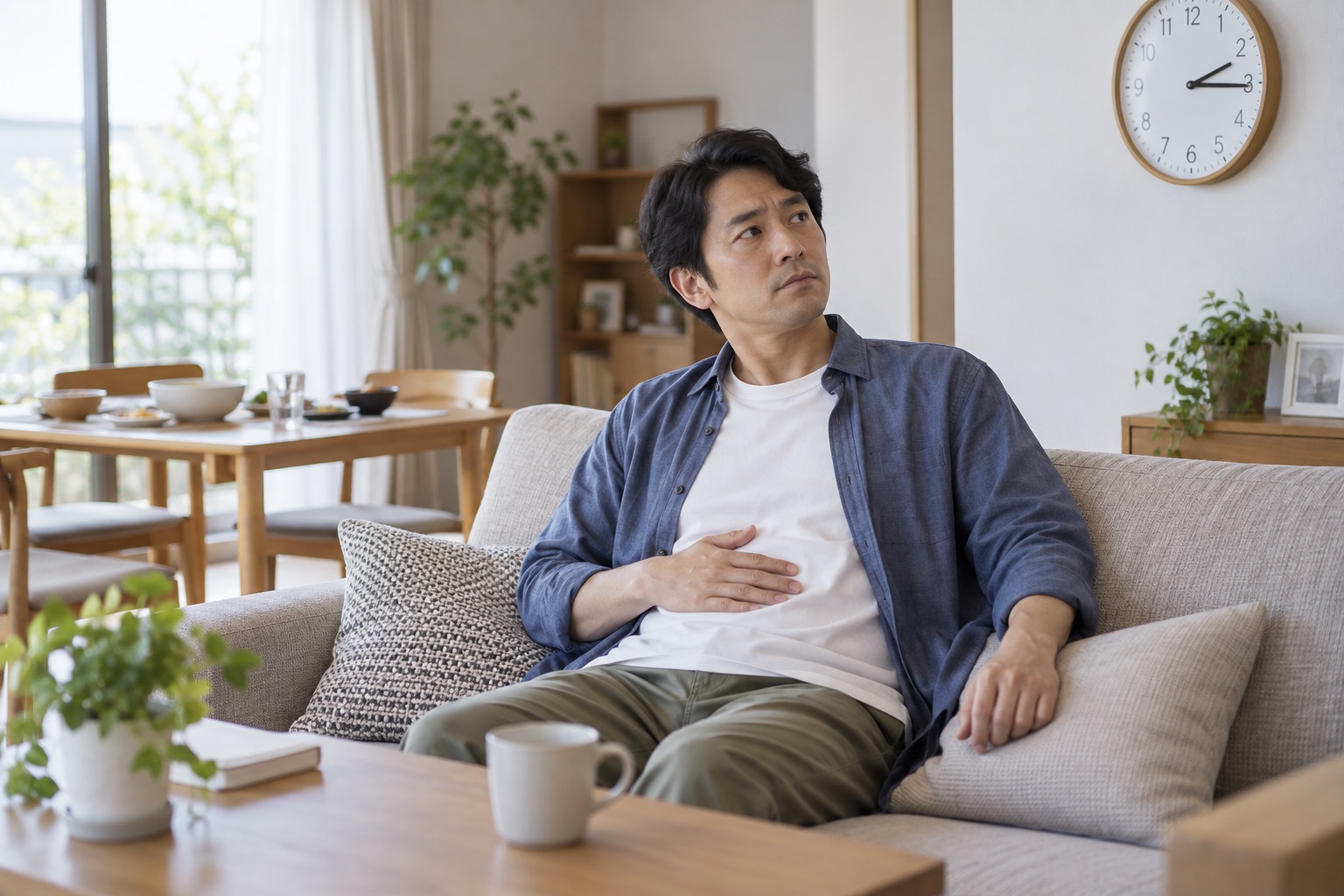 食後の時間と胃の違和感を確かめて座って休む男性