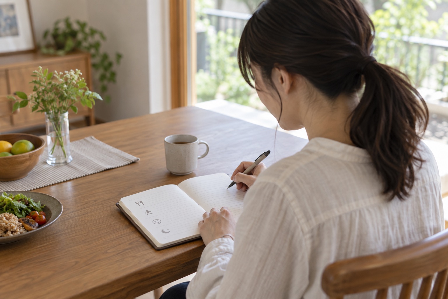 食事時刻と運動後の胸やけをノートに記録する女性