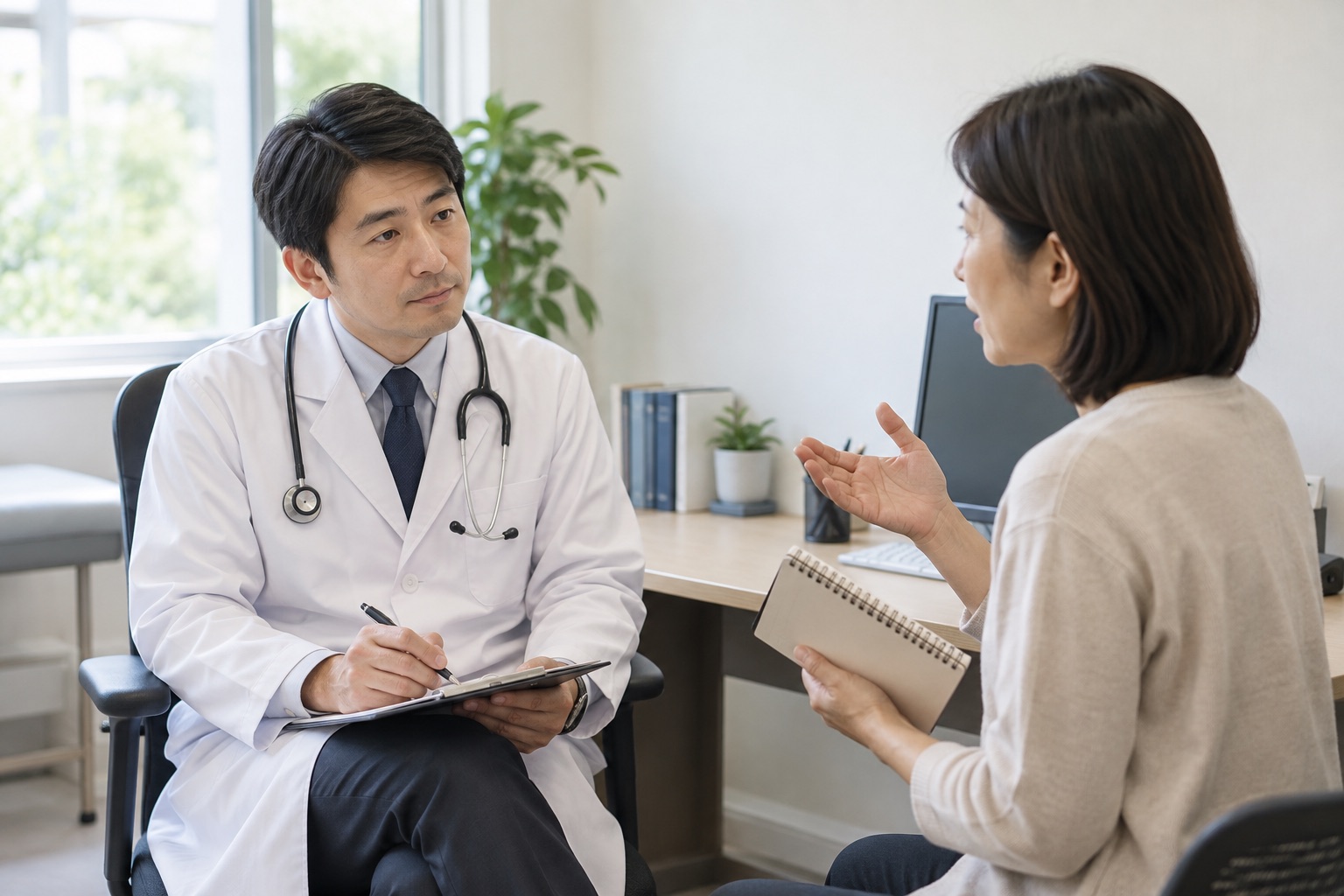 胸やけと飲み込みにくさの経過を医師へ相談する女性