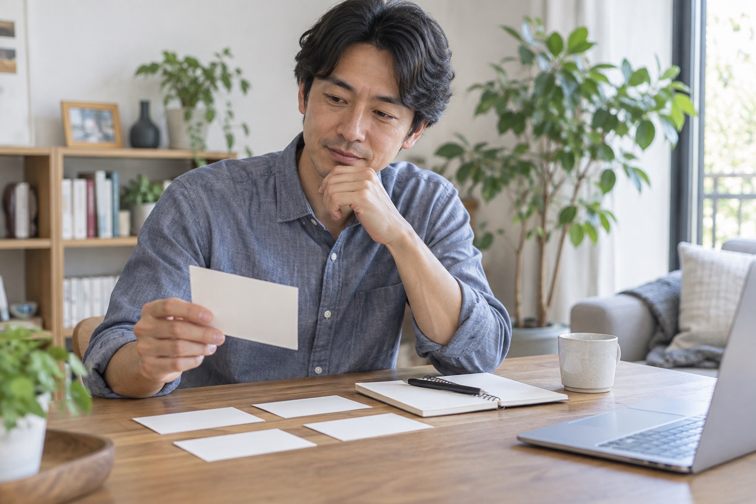 逆流性食道炎とストレッチの疑問をカードで整理する男性
