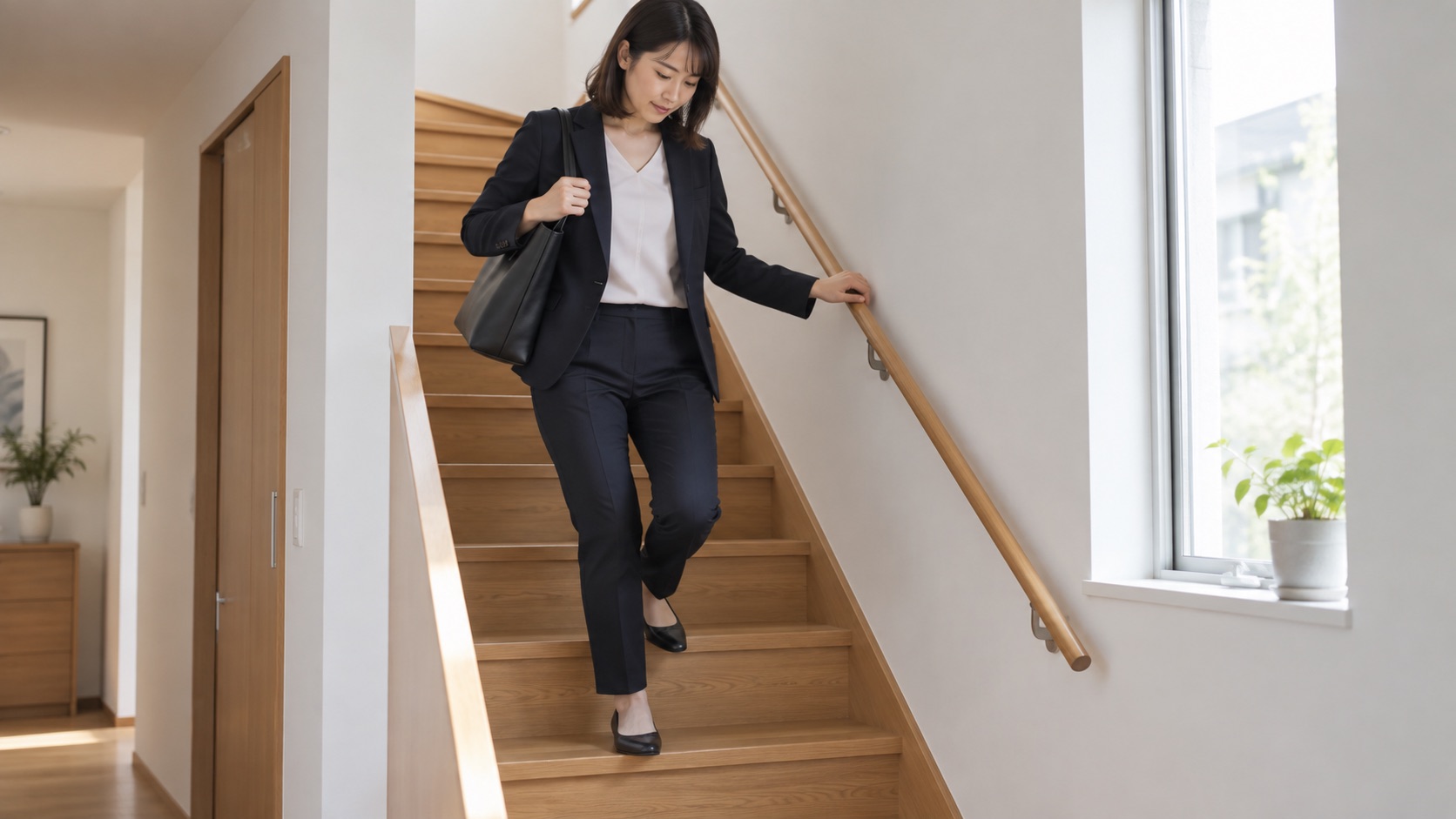 自宅の階段で膝と足元を確認しながら下りる女性