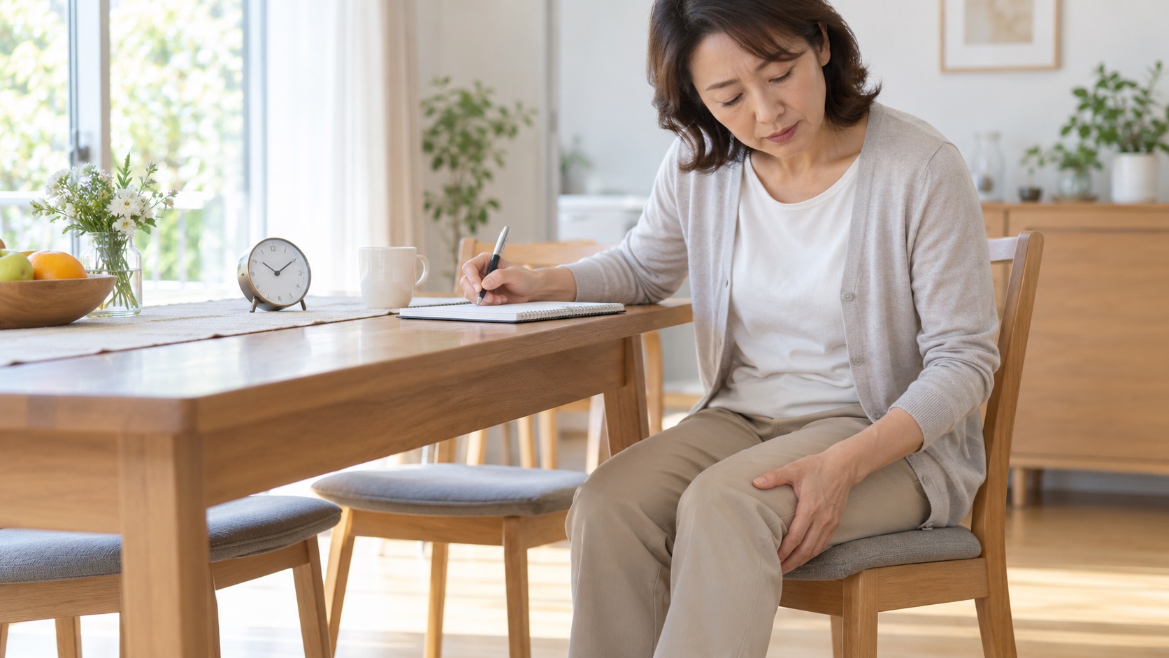 階段で膝が気になる時間帯と動作をノートに記録する女性