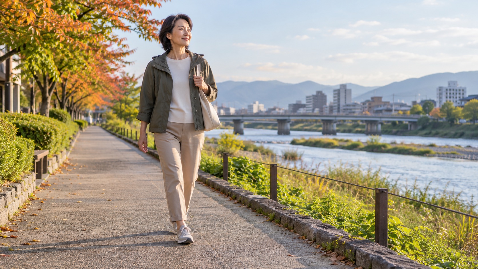 膝の状態に合わせて平坦な遊歩道を歩く女性