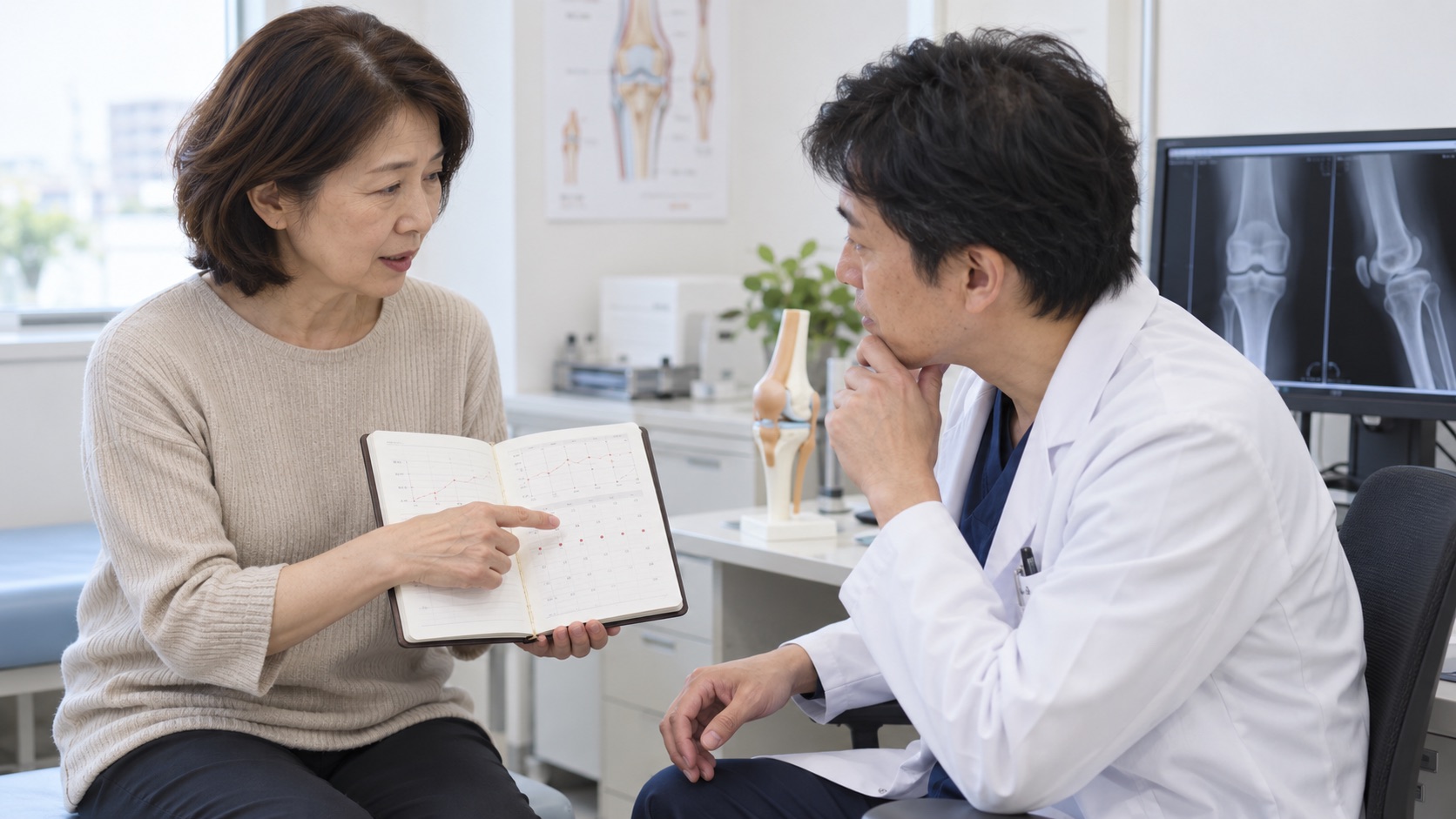 膝の症状記録を整形外科医へ見せて相談する女性