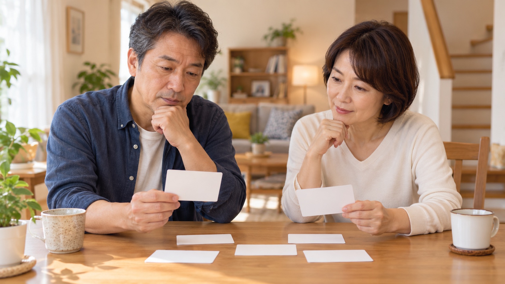 膝と階段についての質問カードを整理する男女